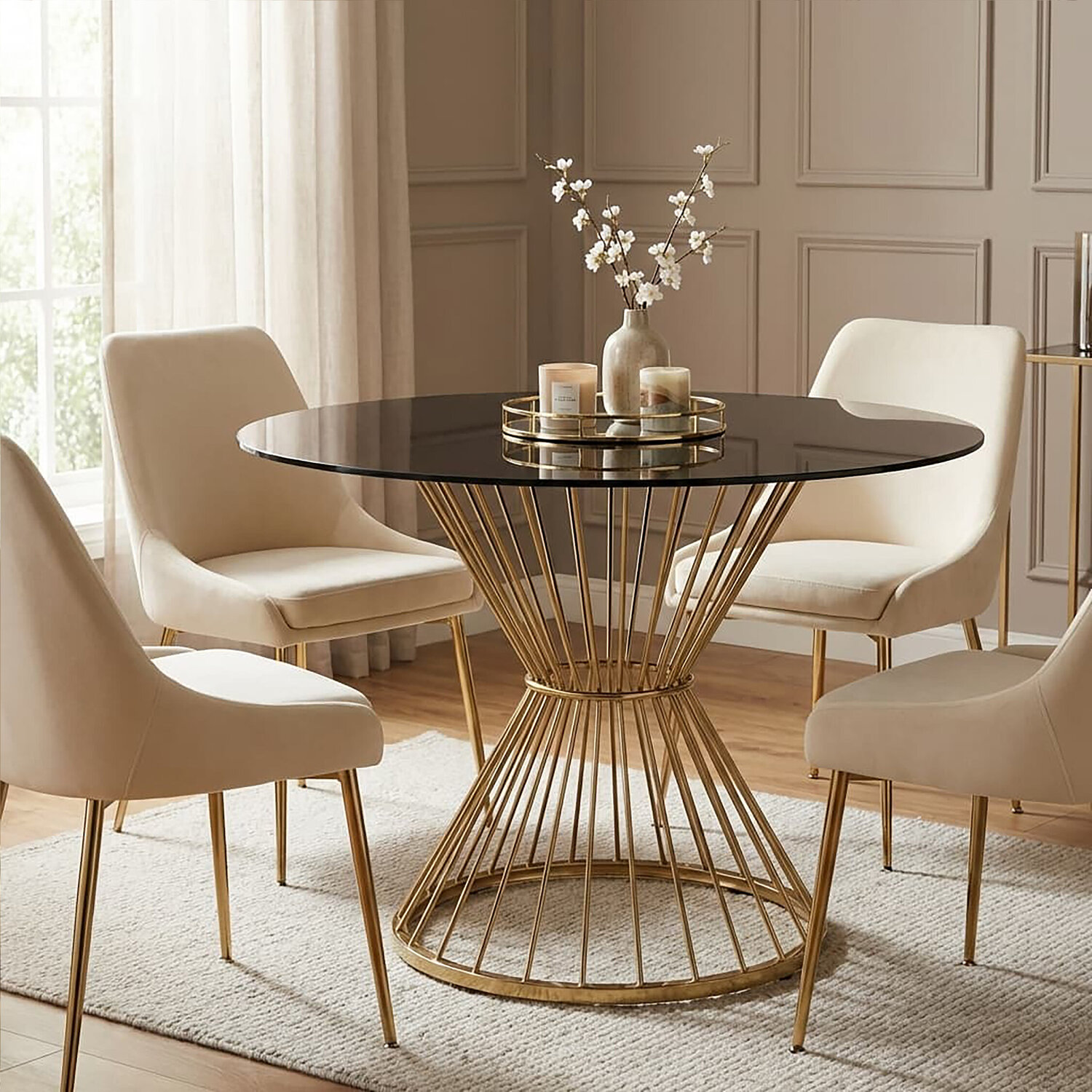 Anzio Hourglass Dining Table with Black Glass And Gold Base - Gold