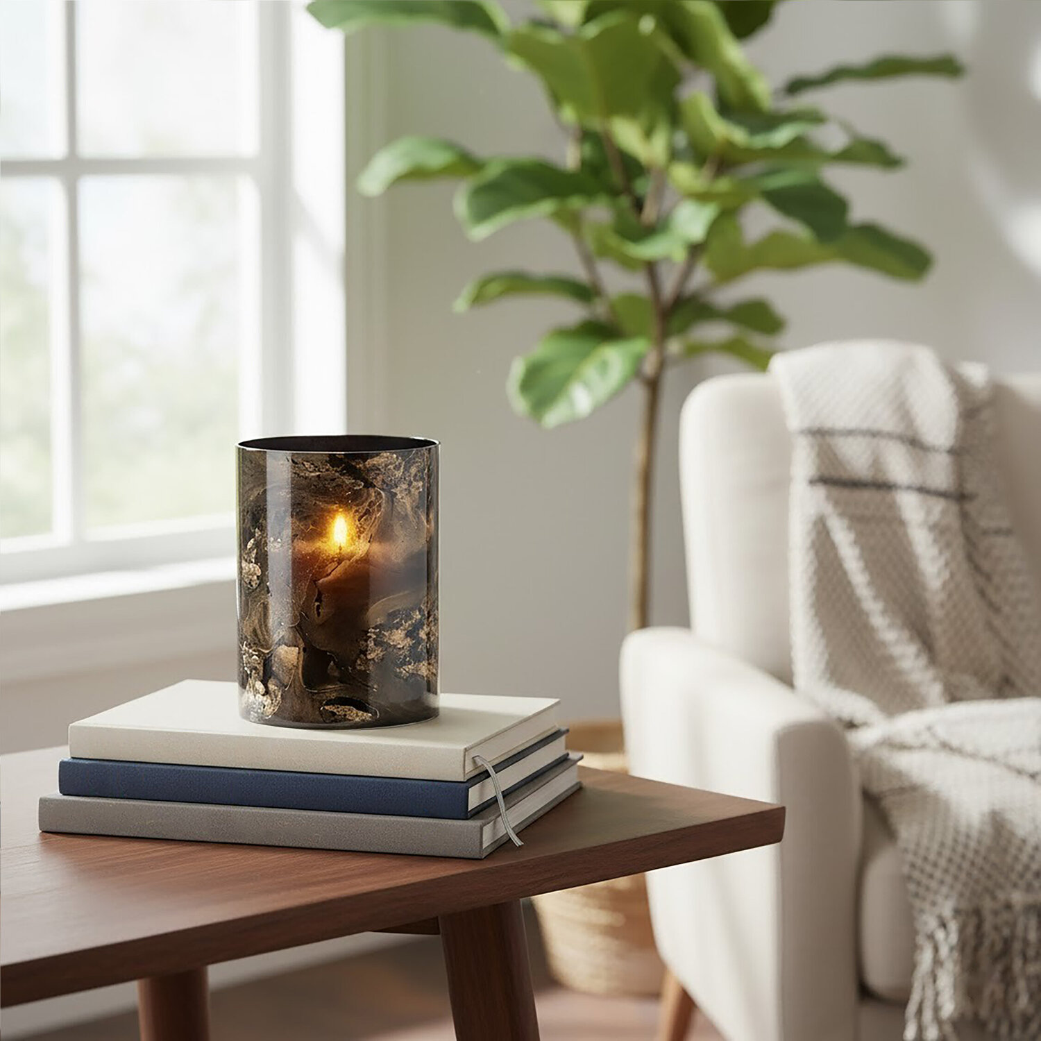 Gaia Black And Gold Marble Effect Small Candle Holder - Black
