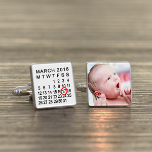 Personalised New Baby Calendar Photo Upload Cufflinks - Silver Finish