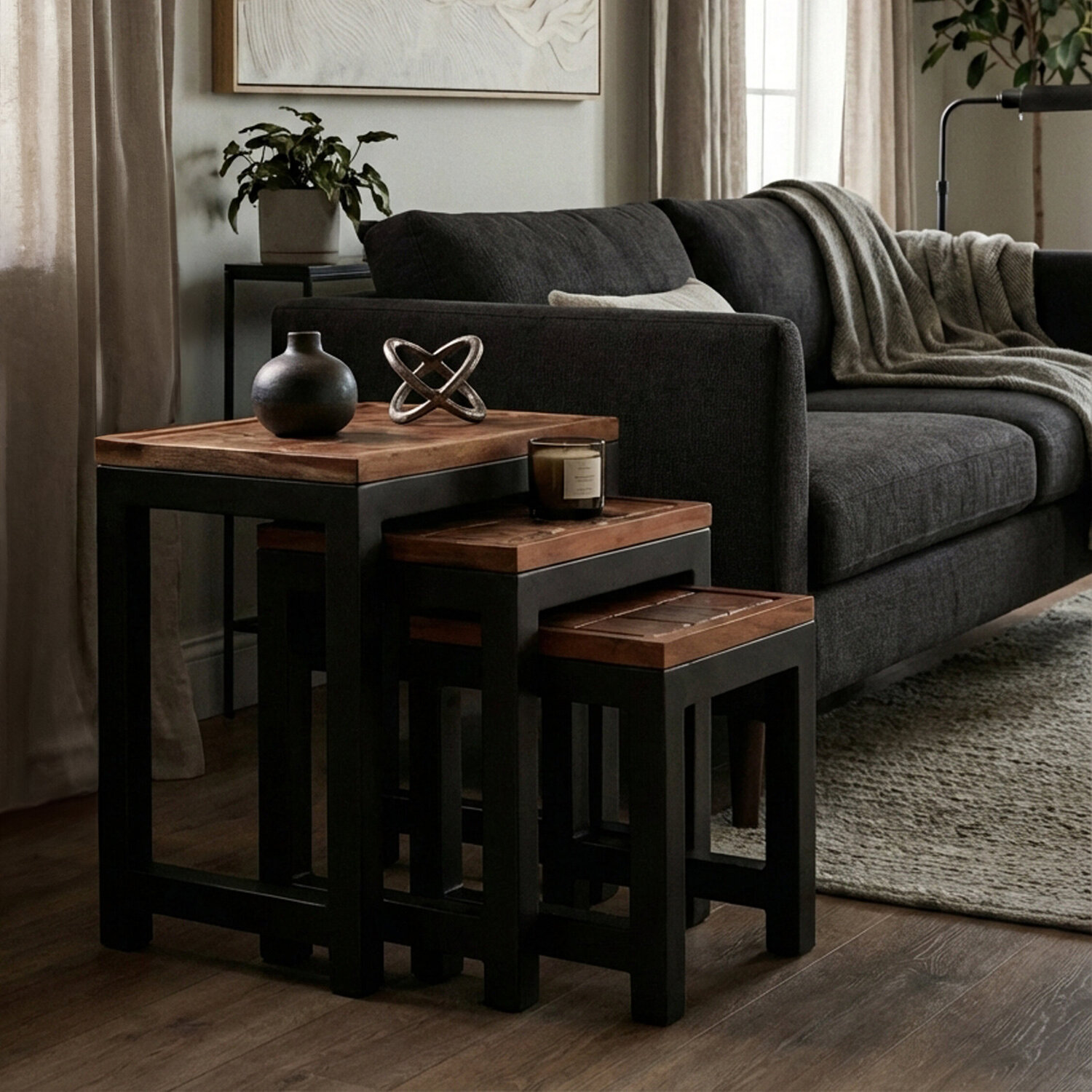 Artisan Set of Three Acacia Wood and Metal Nesting Tables - Natural