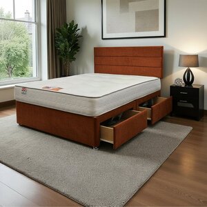 York Orange Plush 6FT Princess Sprung Divan Storage Bed with 4 Drawers & Headboard - Super King