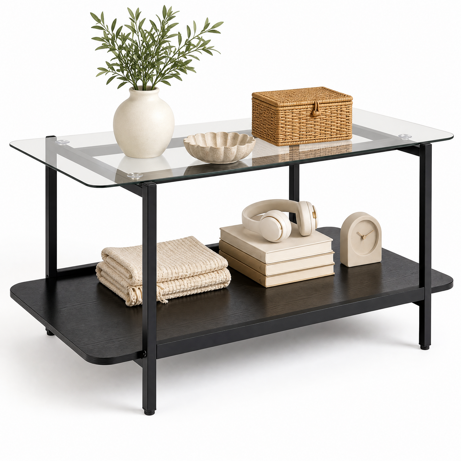 Costway 2 Tier Tempered Glass Coffee Table - Black