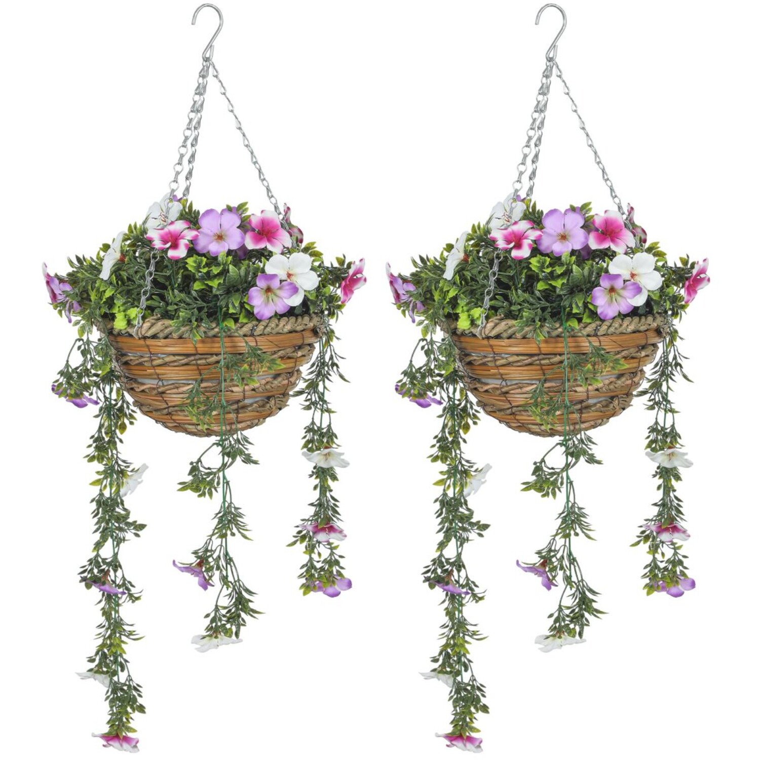 Artificial Azalea Hanging Basket Set Indoor Outdoor Decor - Pink