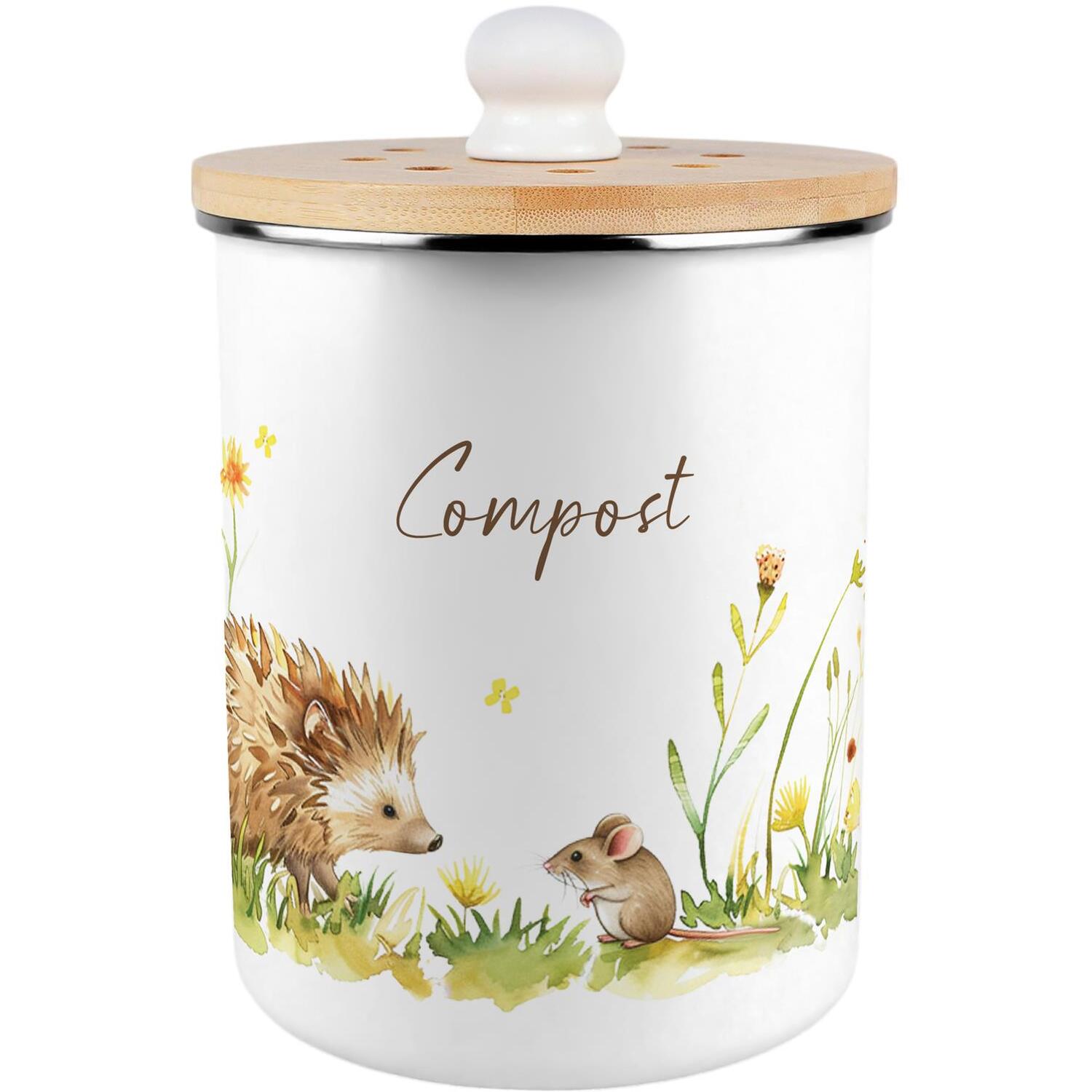 Purely Home Hedgehog & Mouse Compost Caddy - Metal 2L Decorative Kitchen Food Waste Bin - Brown