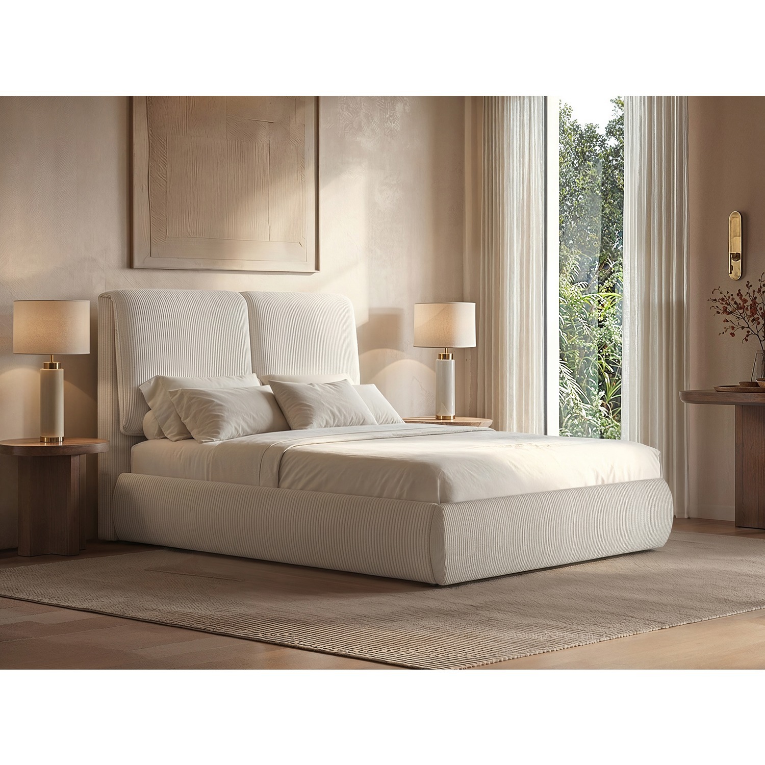 Solace+Co Lydia Upholstered Ottoman Storage Bed - Beige / Double