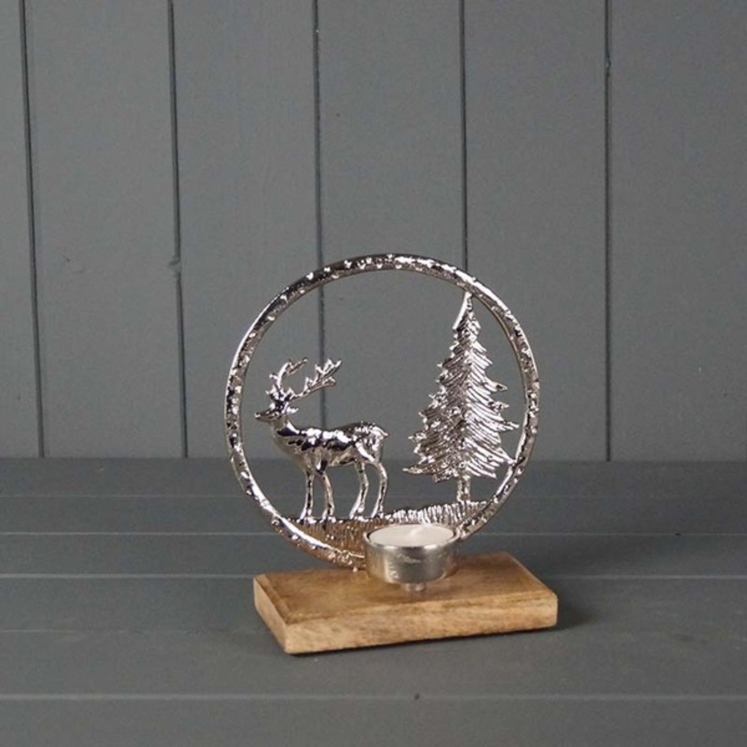Kdmd Silver Metal Reindeer Scene Tealight - Silver