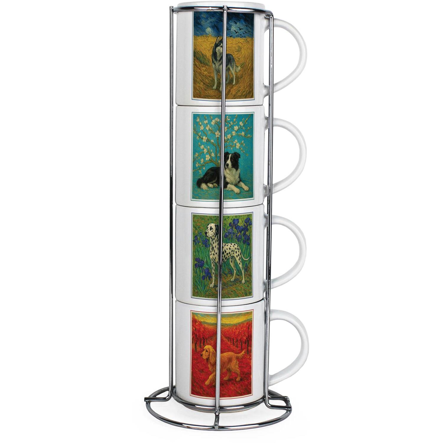 B&Q - Van Gogh Dogs Scenery Stacking Mug SetArtwork Inspired Ceramic Cups Set Of 4 With Metal StandDog Gifts - Image 2