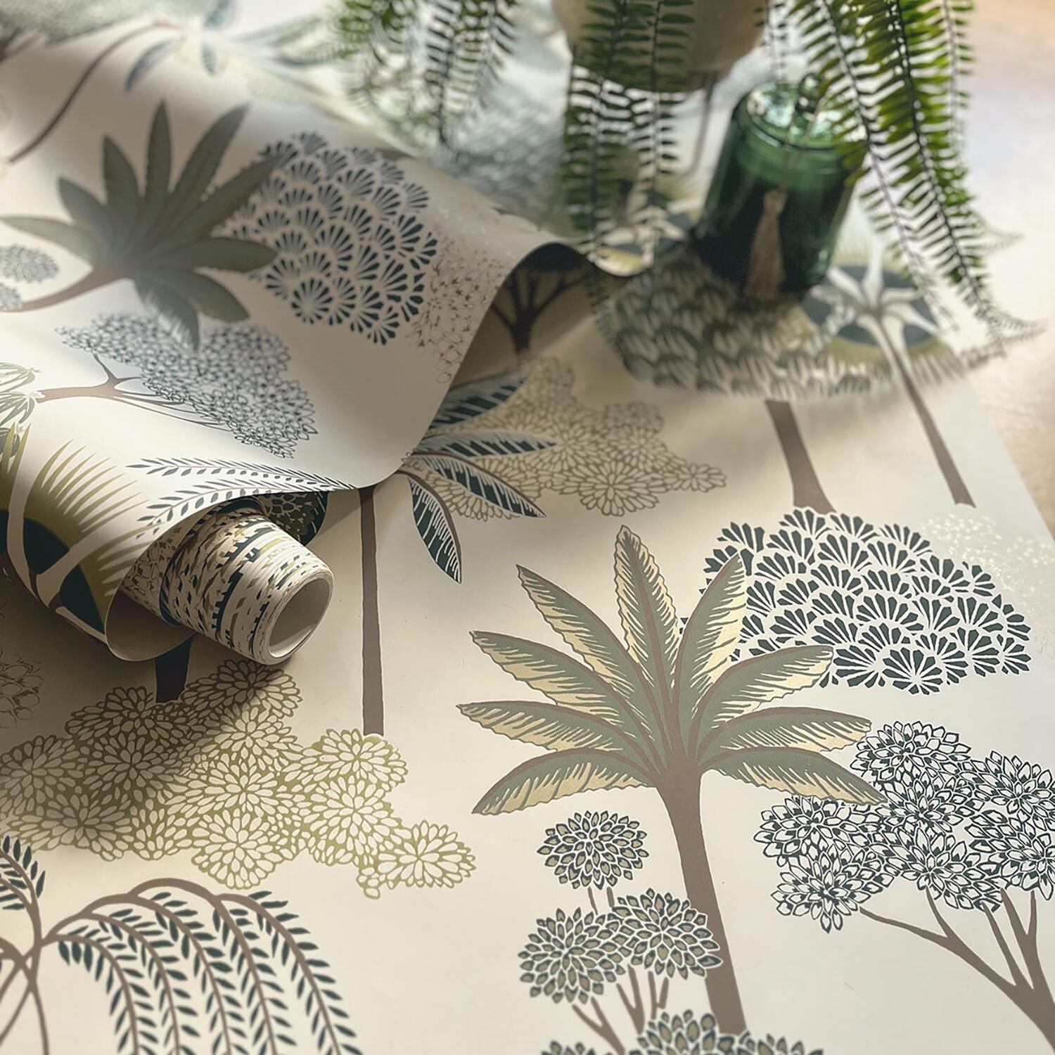 Cream Green Floral Wallpaper Botanical Forest Trees Leaves Gold Metallic Shimmer - Image 2