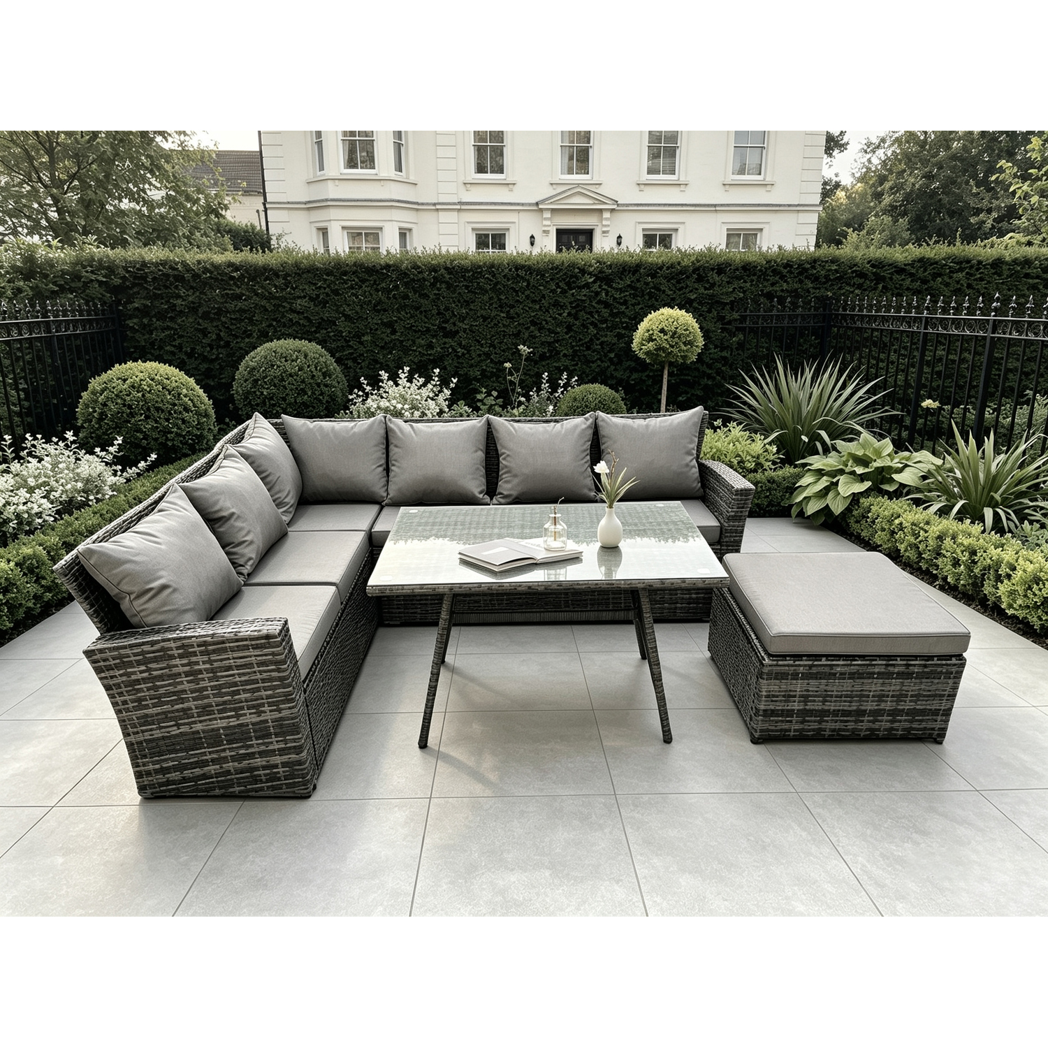Rackhams 7 Seater High Back Rattan Garden Furniture Set Corner Sofa With Oblong Dining Table Footstool - Image 2