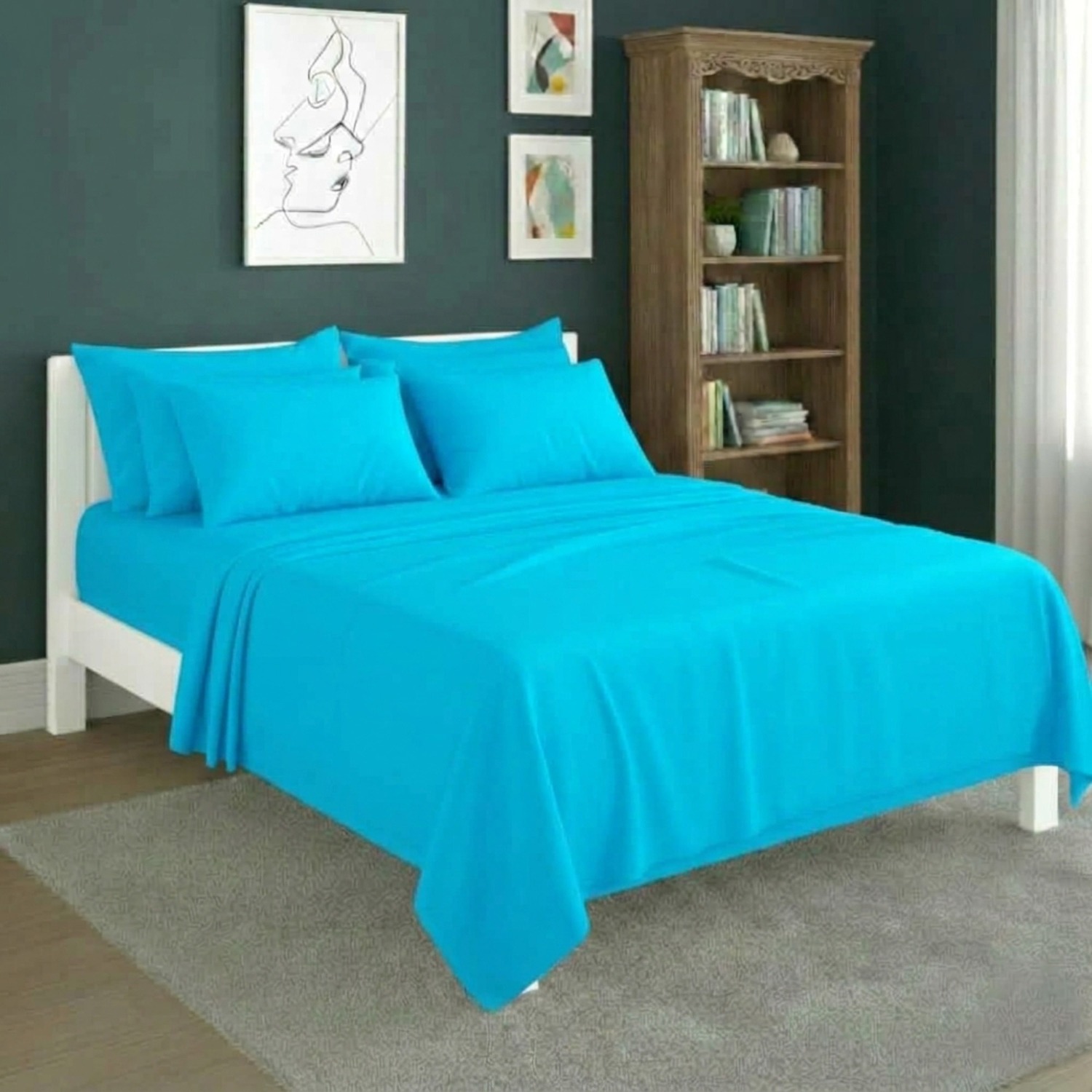 Snug City Plain Poly Cotton Easy Care Fitted Flat Sheet Matching Pillowcases Set in Teal | Size: Double