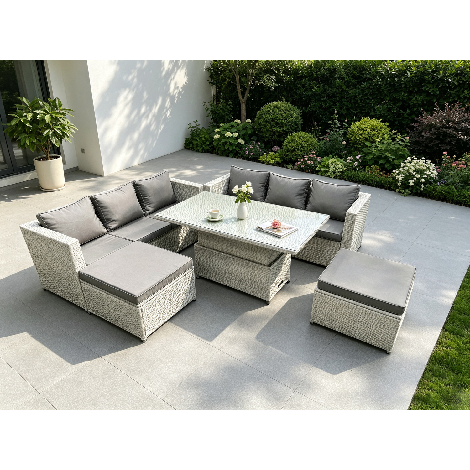 Fimous Unisex Light Grey Pe Rattan Garden Funiture Set Height Adjustable Rising Lifting Table Sofa Dining Set With Big Footstools In Size 2 - Image 2