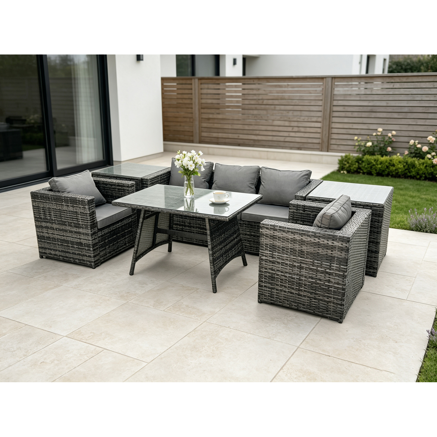 Rackhams Dark/Grey 5 Seater Rattan Outdoor Furniture Garden Dining Set With Oblong Dining Table 2 Armchairs 2 Side Tables Mixed - Image 2