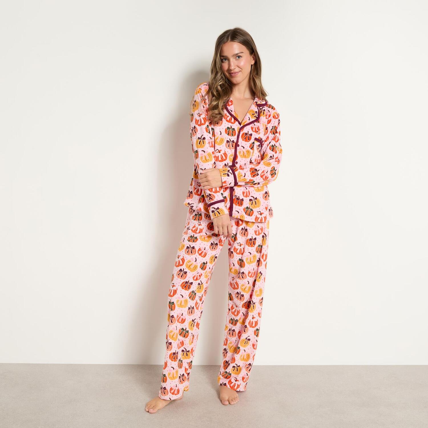 Ohs Pumpkin Bow Matte Velvet Pyjama Set - Pink / L/Xl