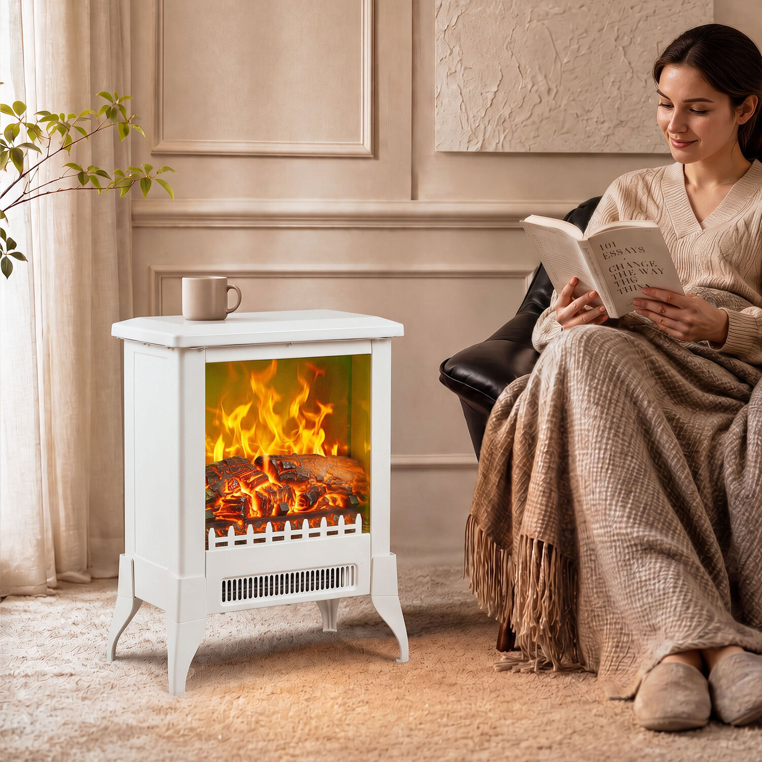 Homcom Electric Fireplace Stove, Fireplace Heater W/ Flame Effect - White