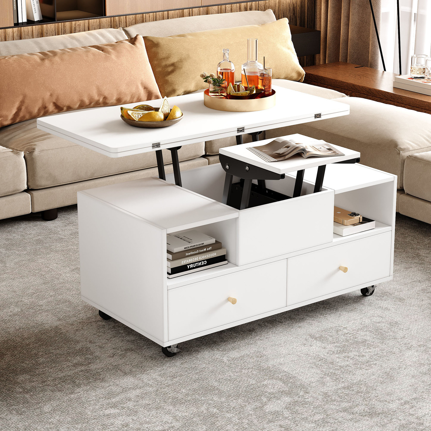 Aka Lift Top Coffee Table With Wheels, 4 Drawers, 2 Lifting Platforms And Extendable Design, White - White