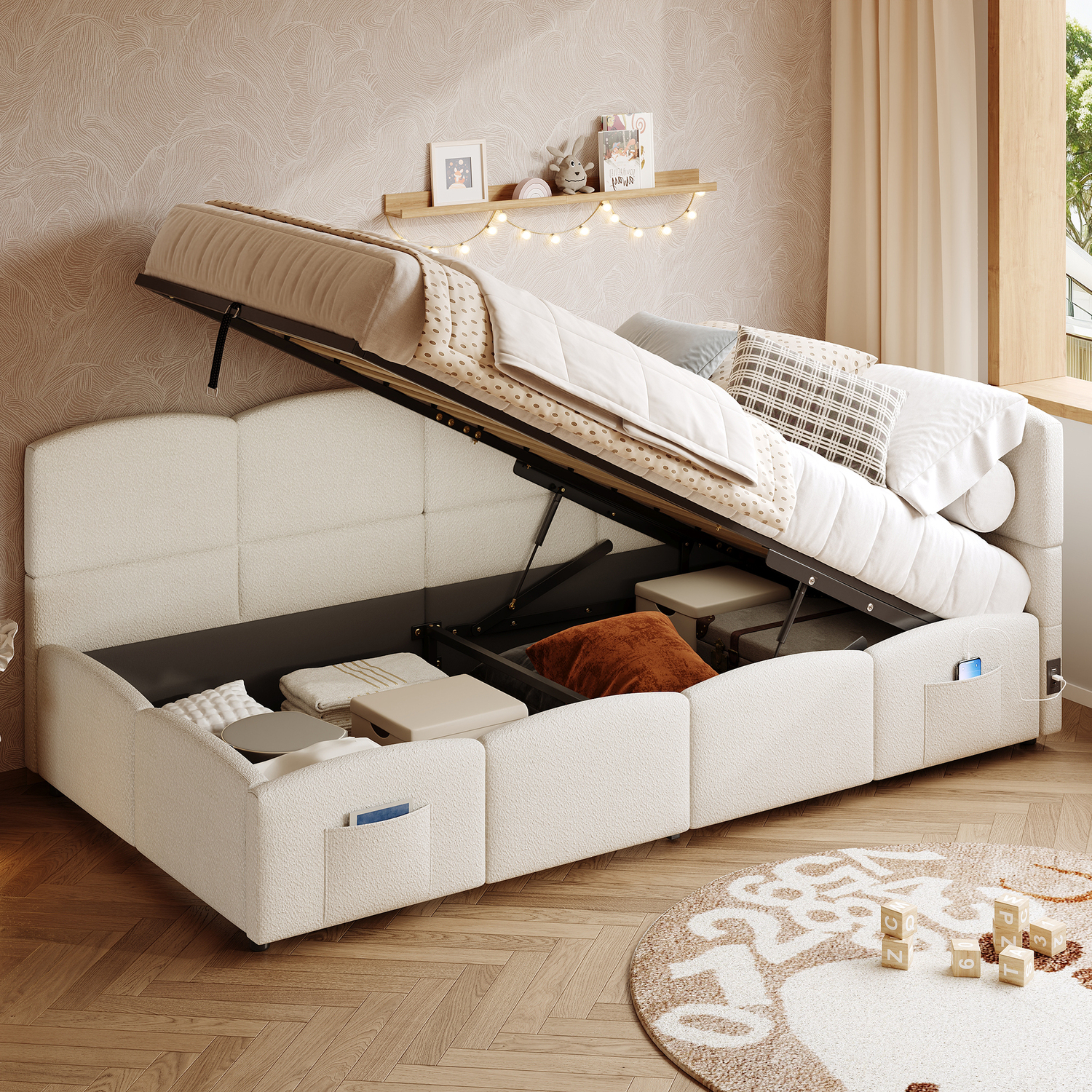 Aka Upholstered Sofa Daybed With Hydraulic Storage And Usb Charging - Cream