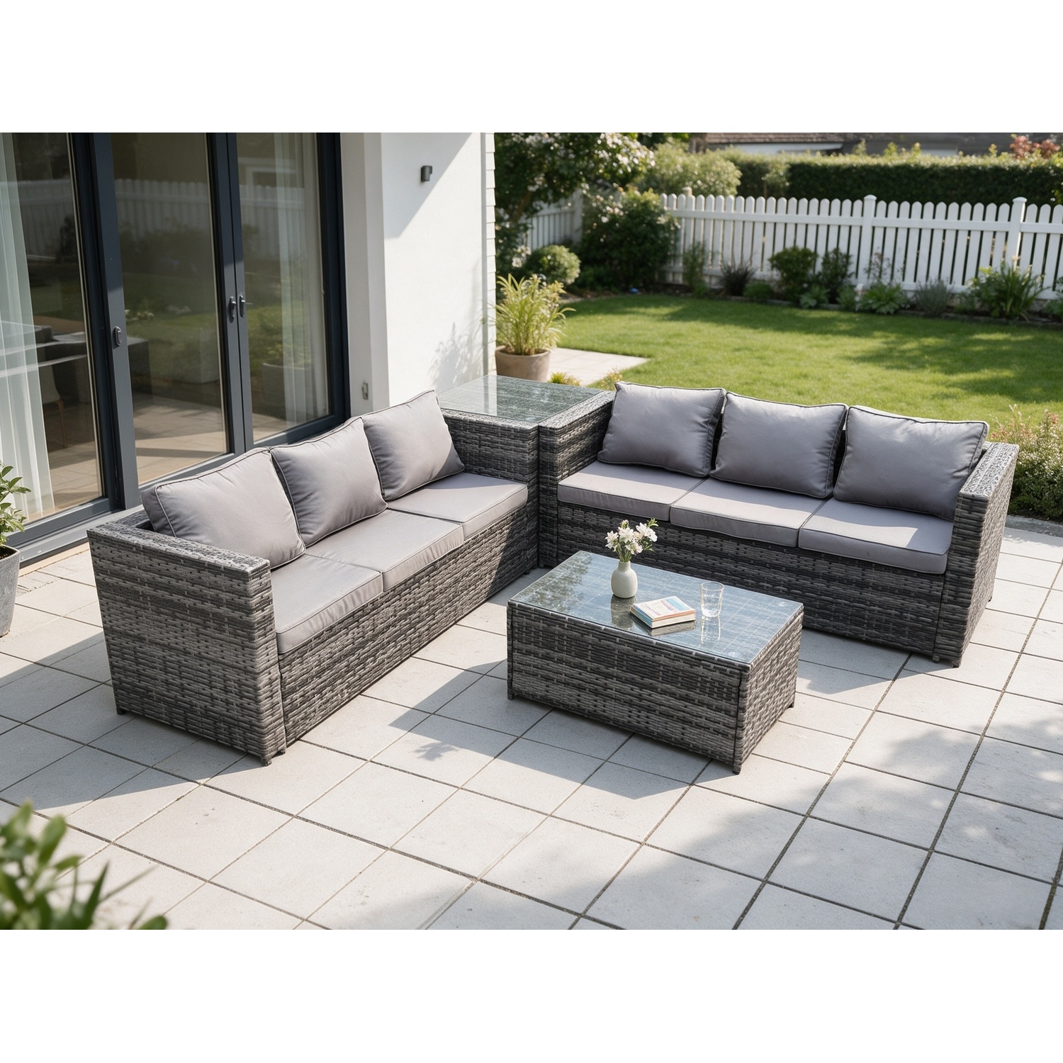 Fimous 6 Seater Rattan Garden Furniture Set Outdoor Patio Sofa Set With Oblong Coffee Table Side Table Dark Grey Mixed - Image 3