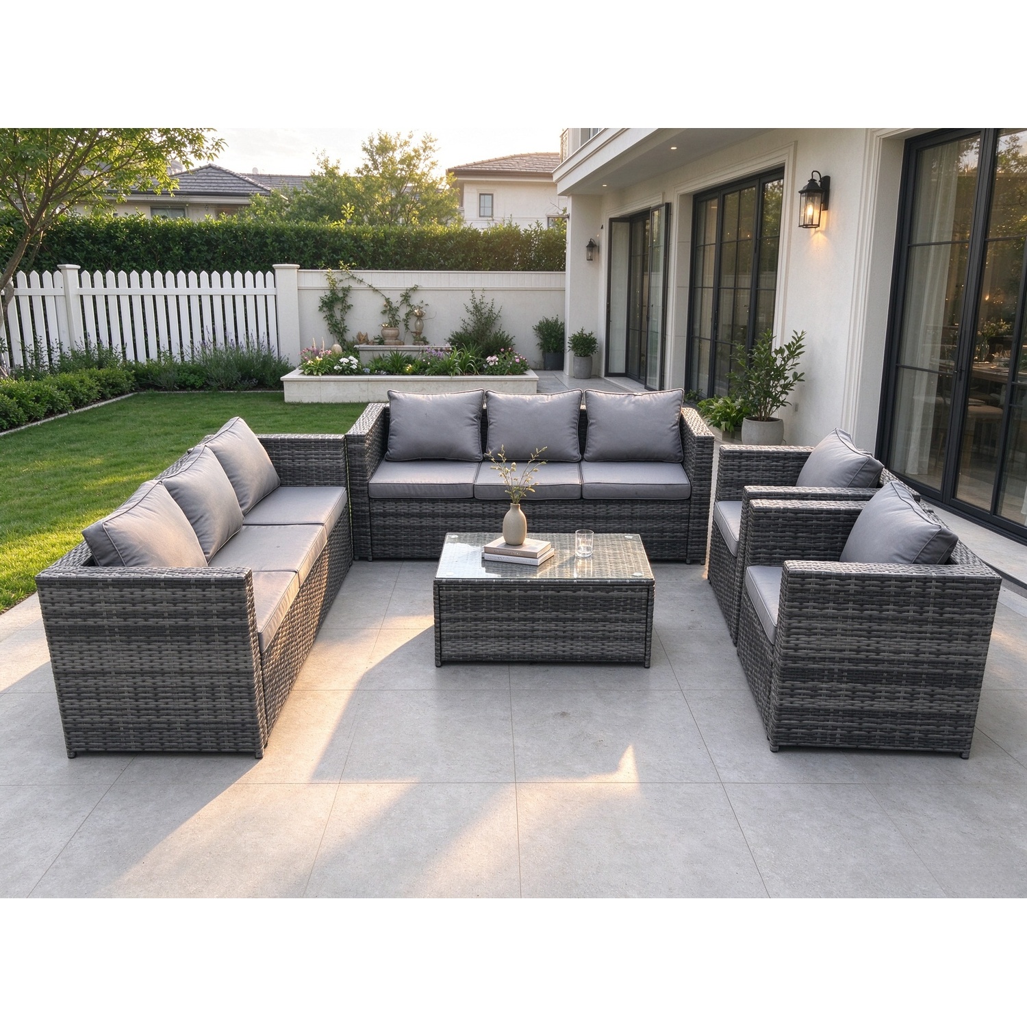 Fimous Dark/Grey Wicker Pe Rattan Sofa Set Outdoor Patio Garden Furniture With 2 Armchairs Oblong Coffee Table Mixed - Image 2