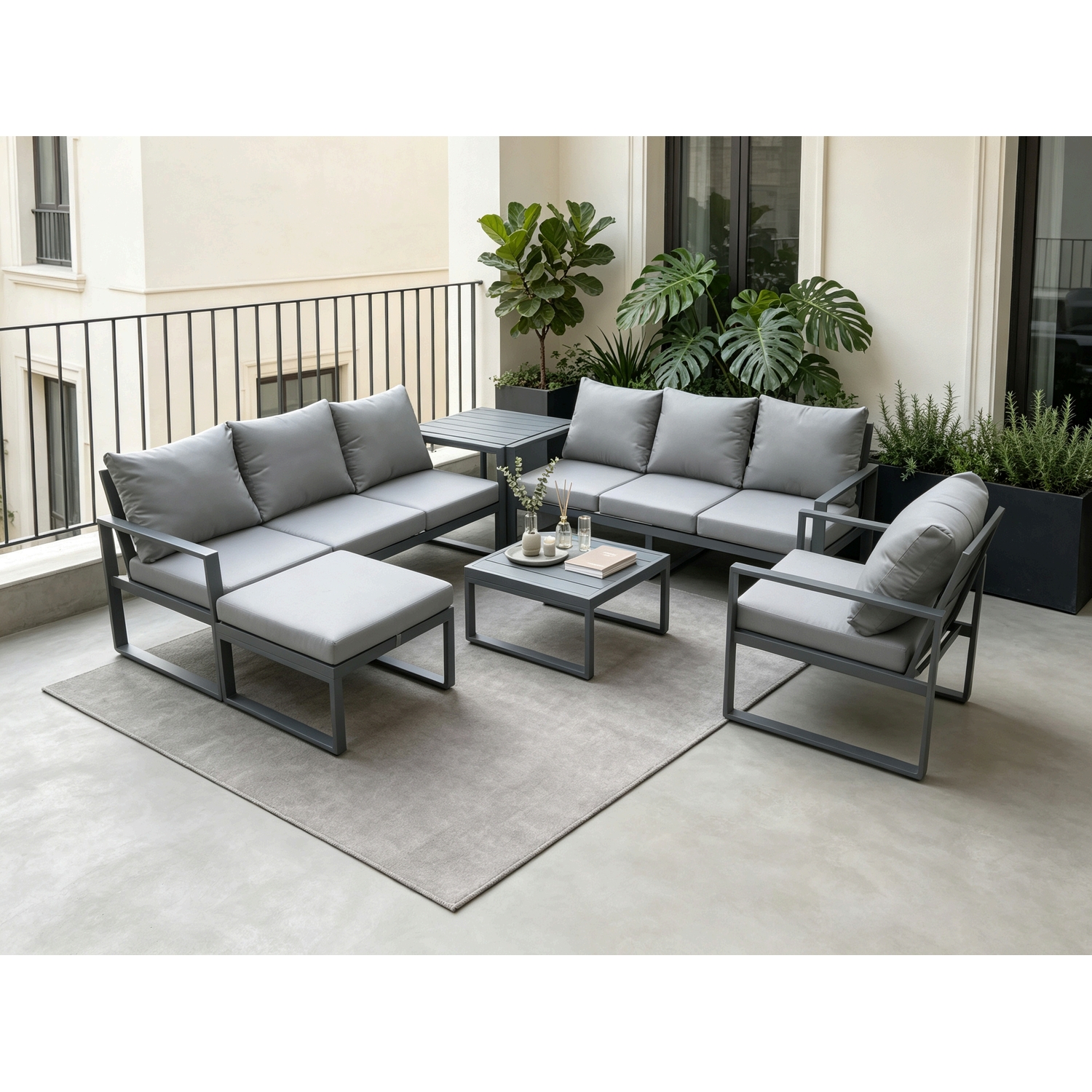 Fimous Unisex Dark Grey Aluminium Seater Outdoor Garden Furniture Lounge Sofa Set With Square Coffee Table Chair Big Footstool Side Table Size 8 - Image 2