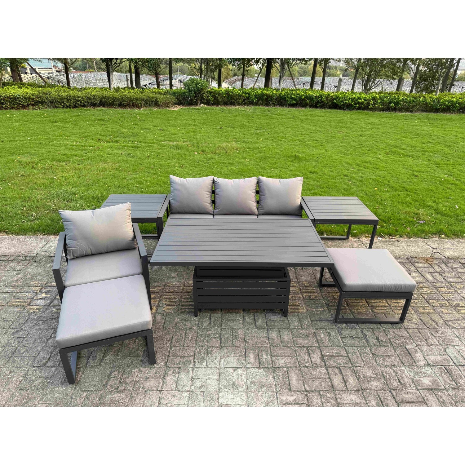 Fimous 7-Piece Aluminium Garden Furniture Sets 6 Seater Outdoor Conversational Dining Set With Adjustable Rising Lifting Dining Table 2 Side Table - Image 3