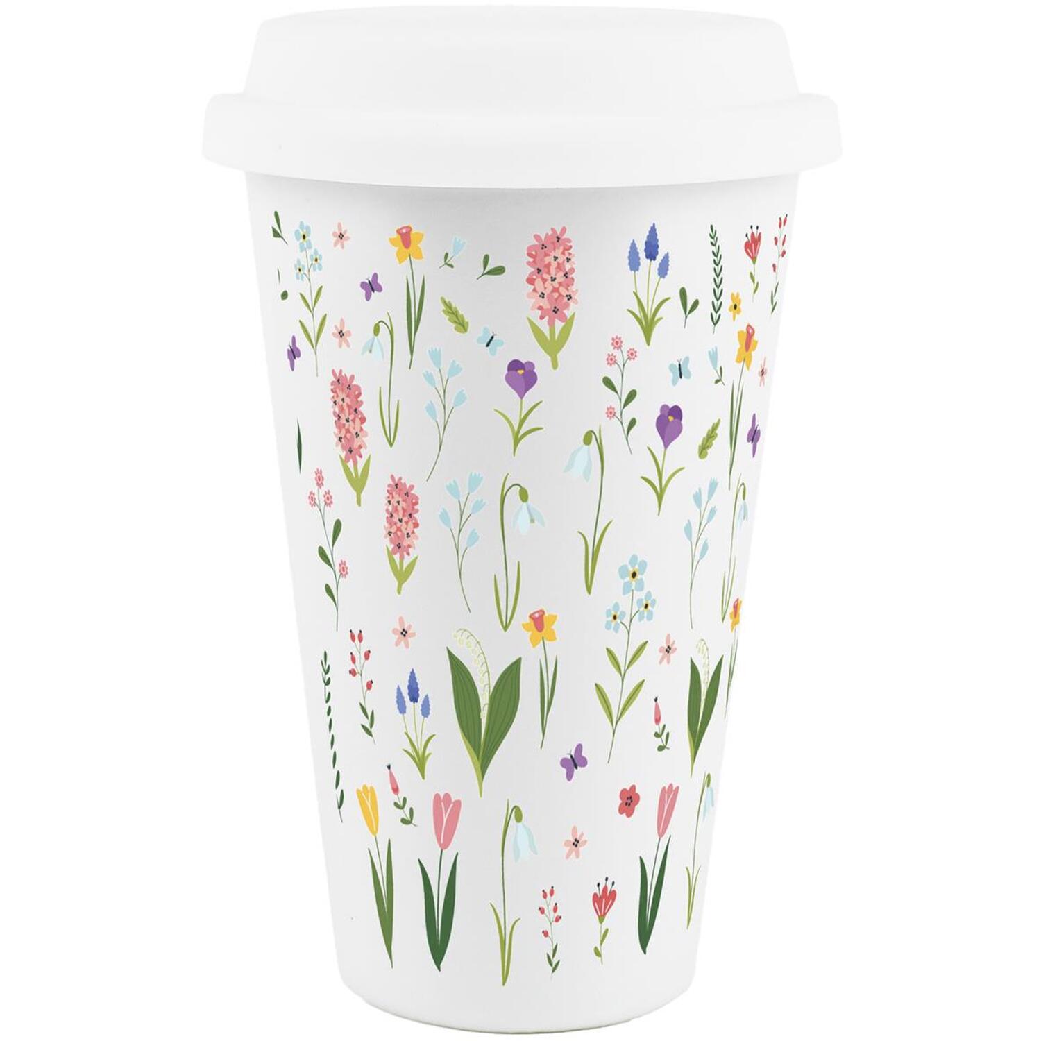 B&Q -  Spring Flowers Ceramic Travel MugBright Wildflower Meadow Reusable Silicone Lid Double-Walled Insulated Drinks Gift Mug - Image 3