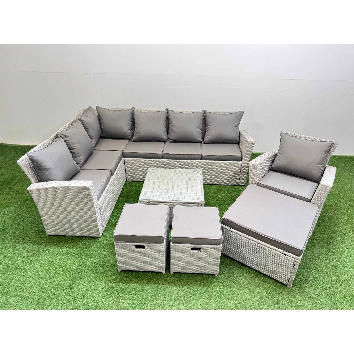 Fimous Light/Grey Outdoor Rattan Garden Furniture Set 10 Seater Corner Sofa Sets With Square Coffee Table Chair 3 Footstools Mixed - Image 2