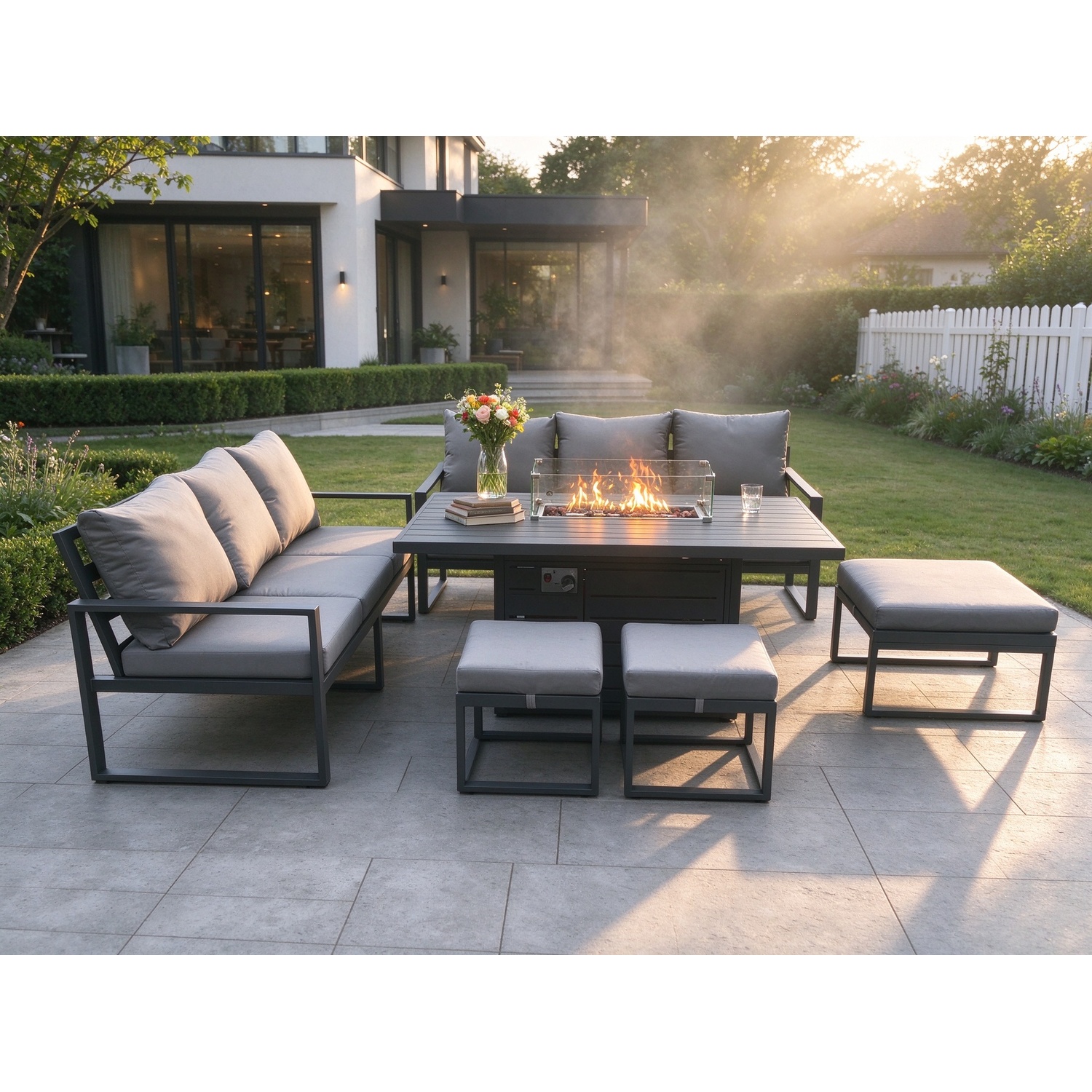 Rackhams Dark/Grey Aluminium Outdoor Lounge Sofa Garden Furniture Sets Gas Fire Pit Dining Table Set With 3 Footstools - Image 2