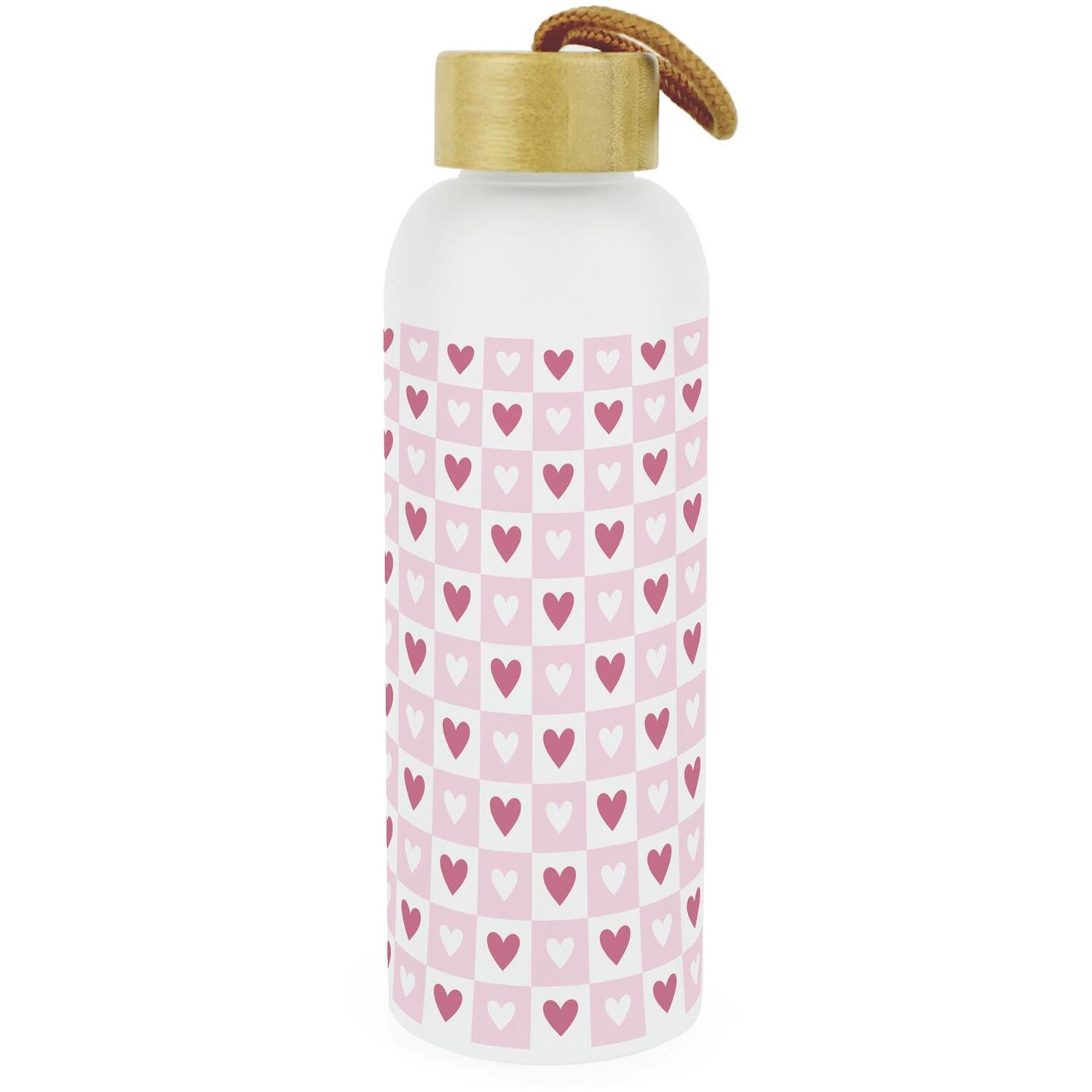 Light Chequered Hearts Frosted Glass Water Bottle & Wooden Lid, Reusable Gift - Image 2