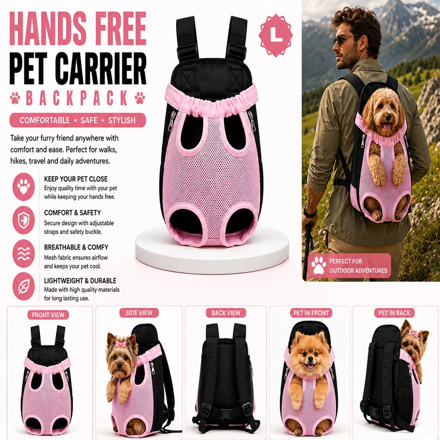 Atek Pet Carrier Backpack Adjustable Front Dog Cat Puppy Travel Bag Large