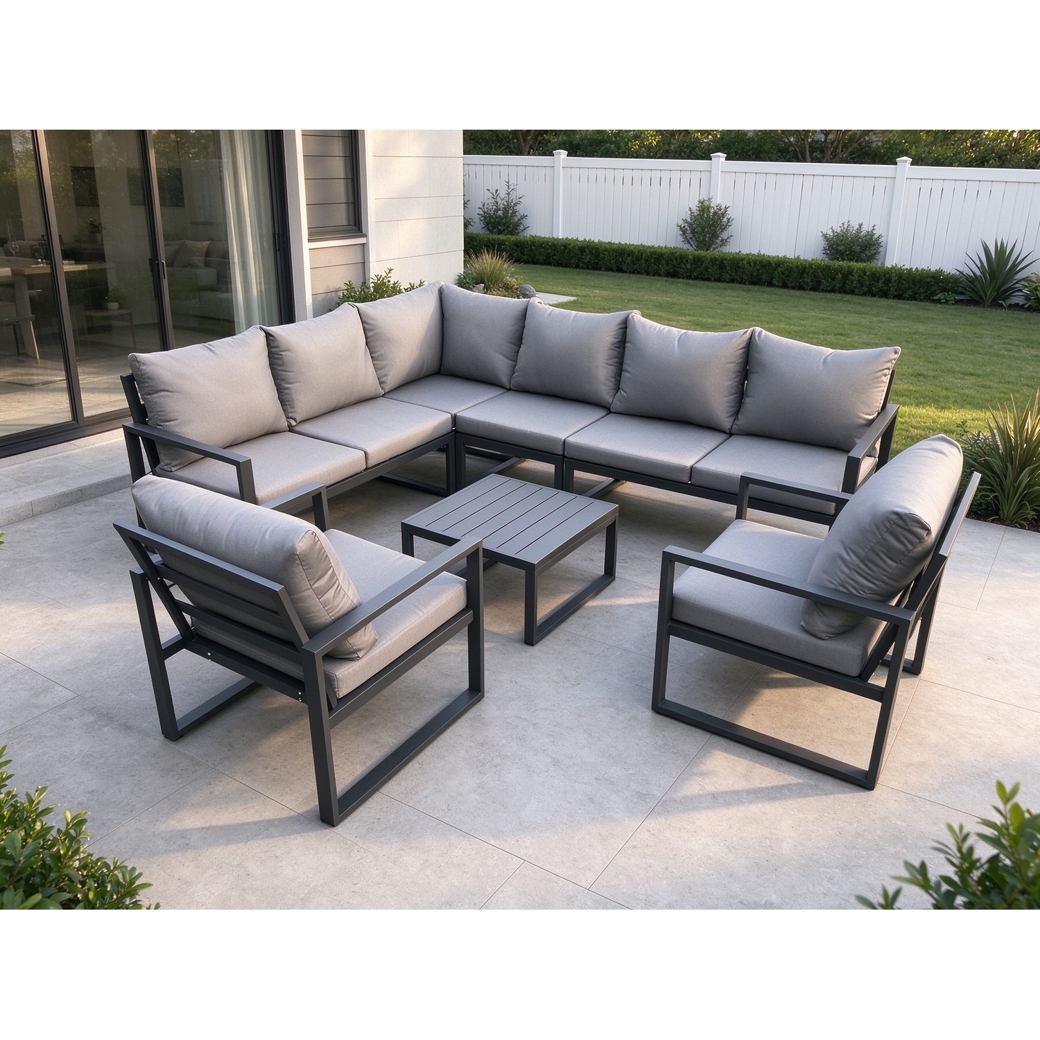 Fimous Dark/Grey Aluminium Garden Furniture Set Outdoor Lounge Corner Sofa 2 Pcs Chair Square Coffee Table Sets 8 Seater - Image 2