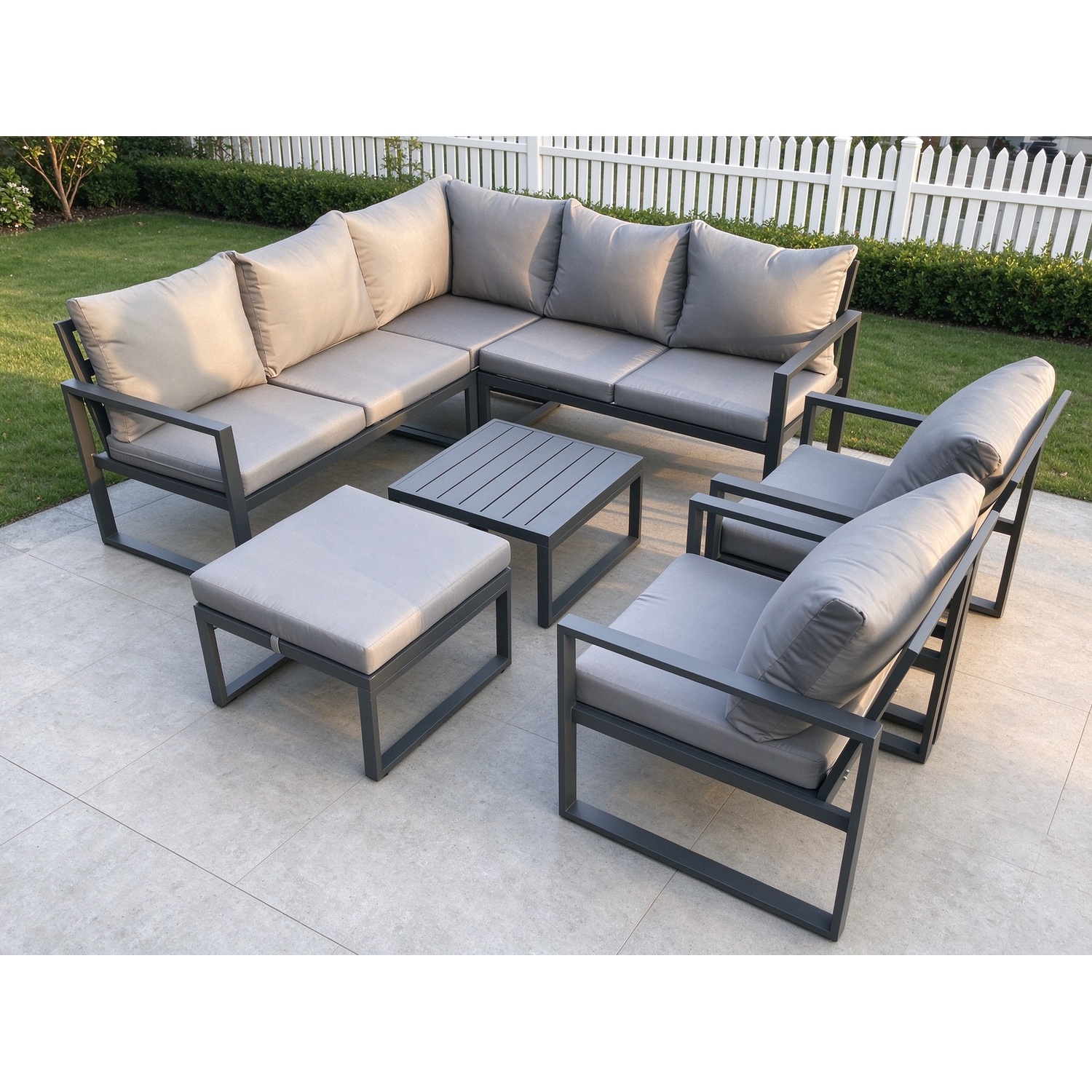 B&Q - Outdoor Garden Furniture Set Aluminium Lounge Sofa Sets With 2 Pcs Chair Big Footstool Indoor Conservatory Set Dark Grey - Image 2
