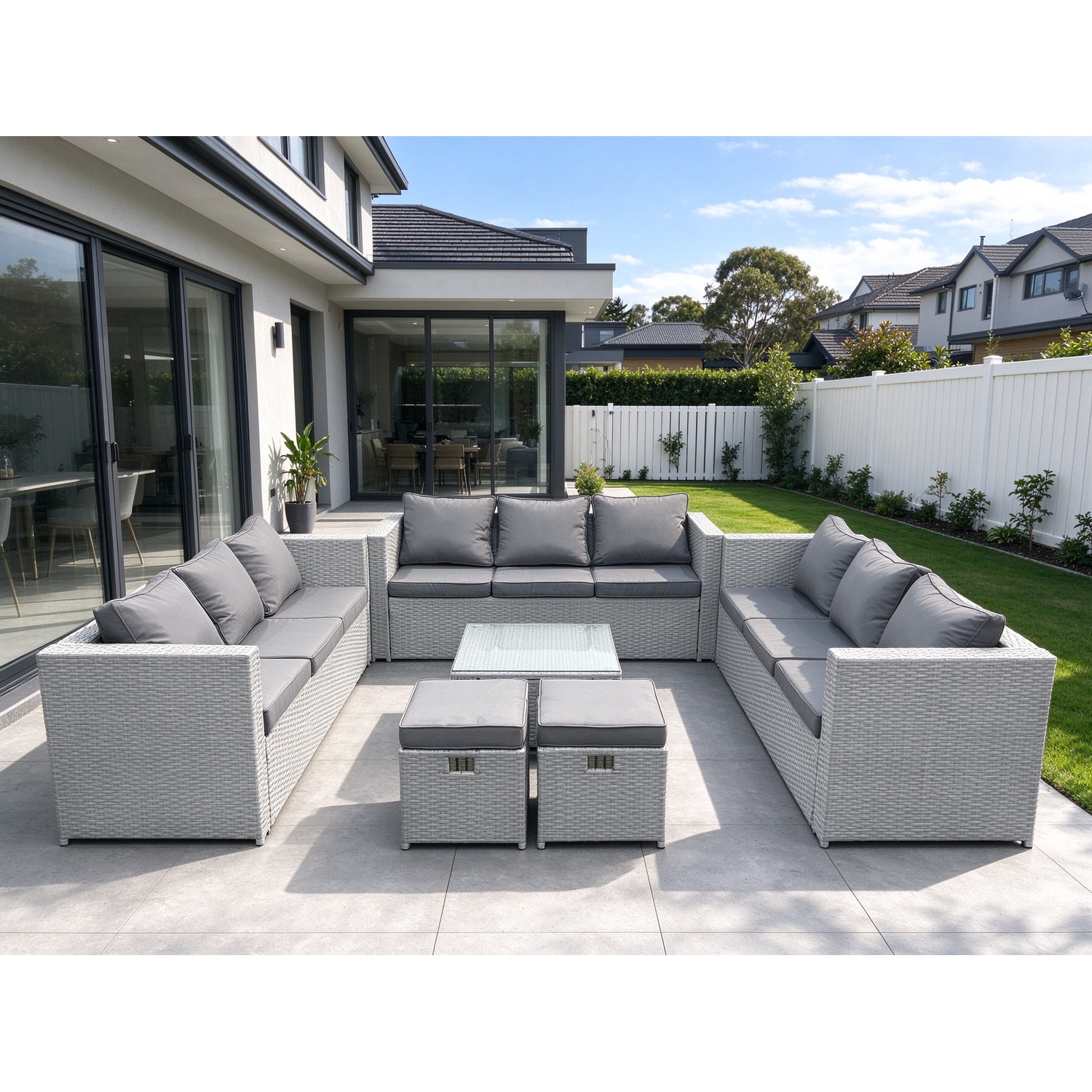 Fimous Unisex Light Grey Rattan Garden Outdoor Furniture Set 11 Seater Rattan Garden Sofa Set With 2 Footstools Mixed Small - Image 2
