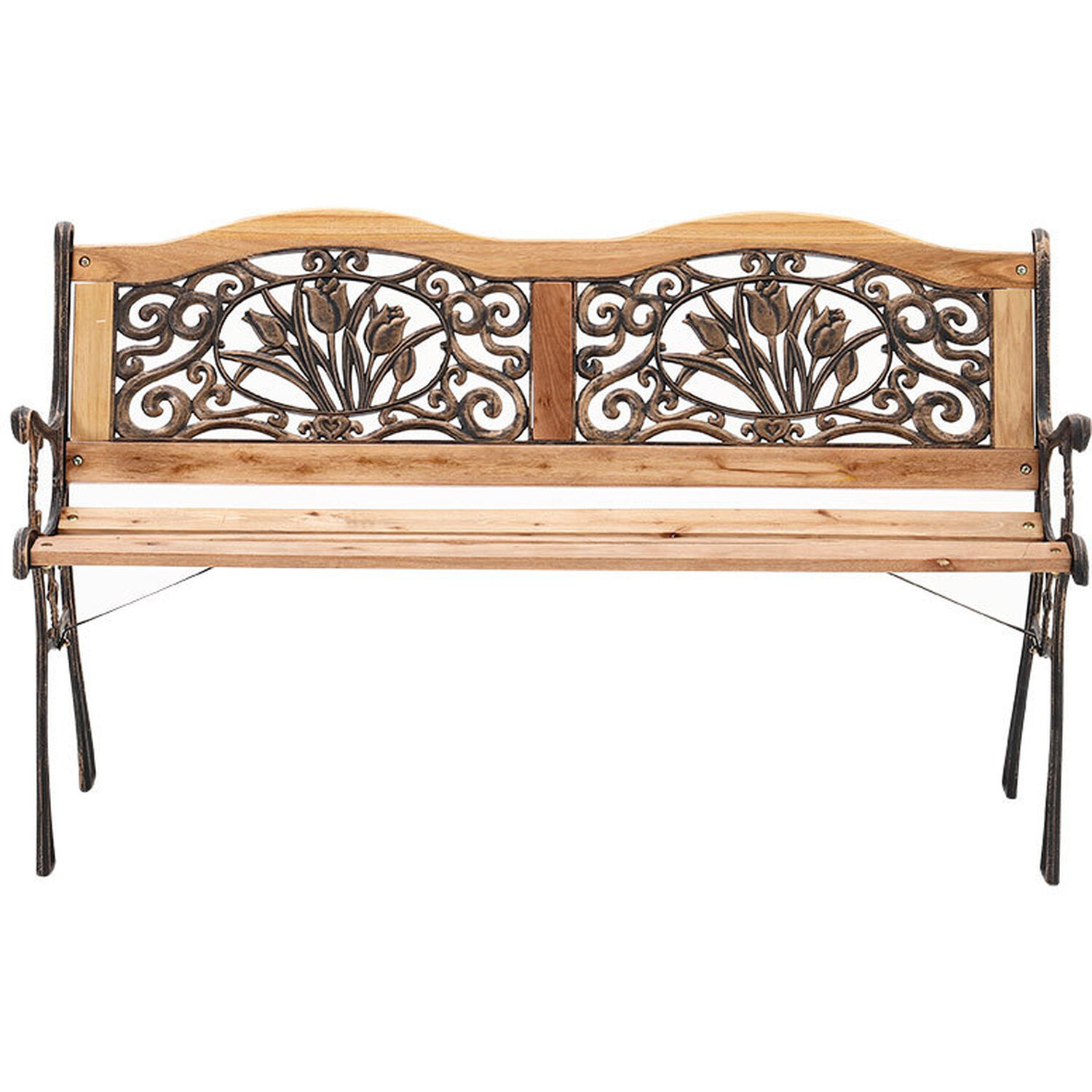 Outdoor Garden Bench With Floral Backrest Design - Brown