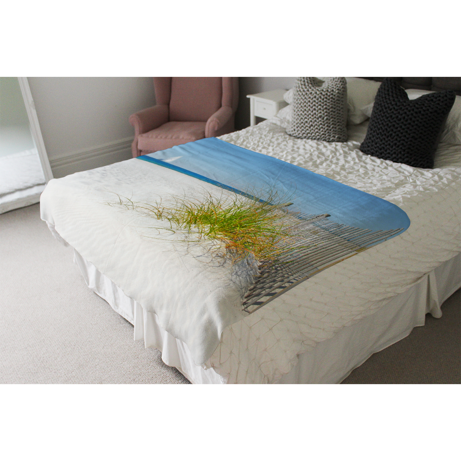 Dune Fence By Sea Grass With Sailboat On Horizon Blanket - Blue