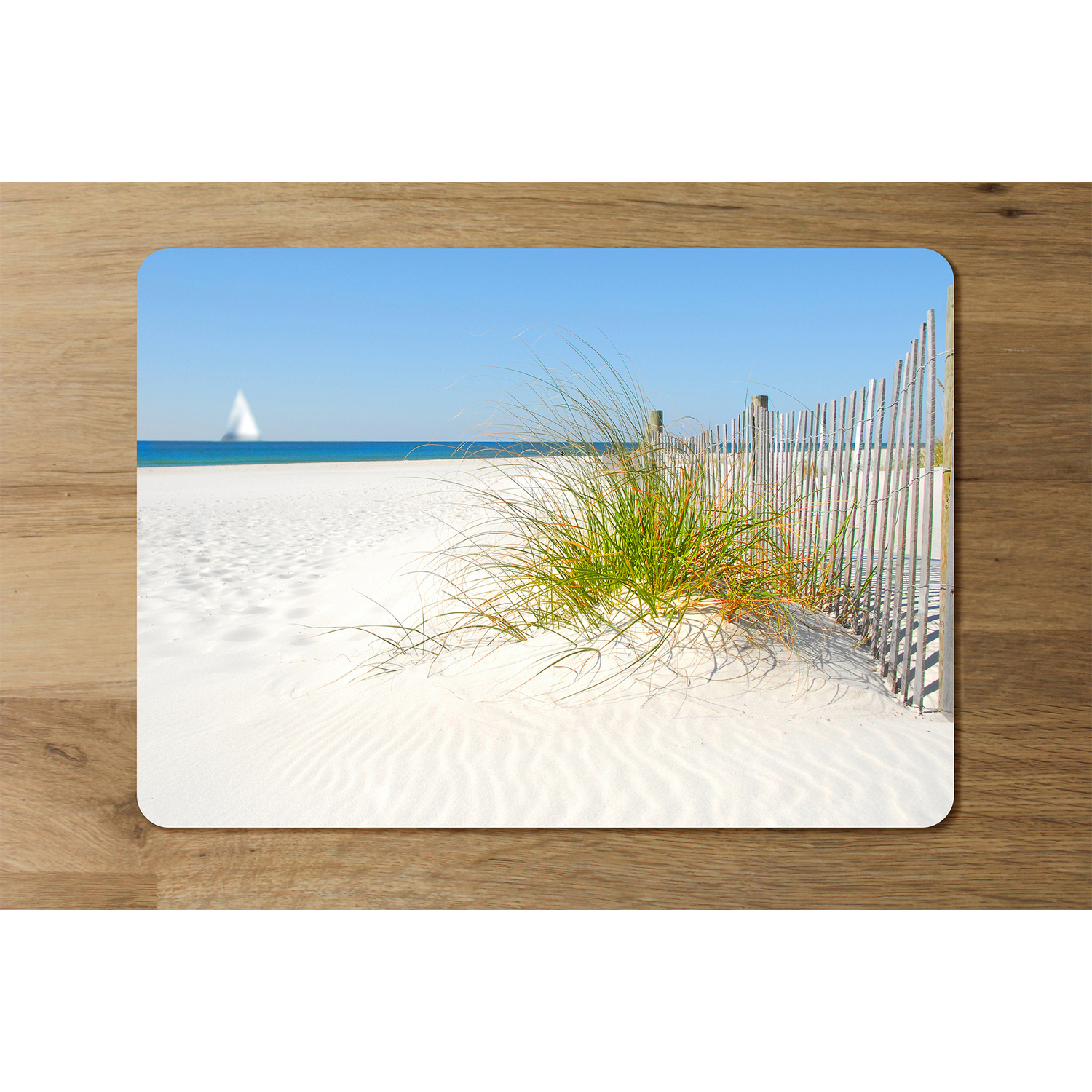 Dune fence by sea grass with sailboat on horizon Designer Placemat Set - Blue