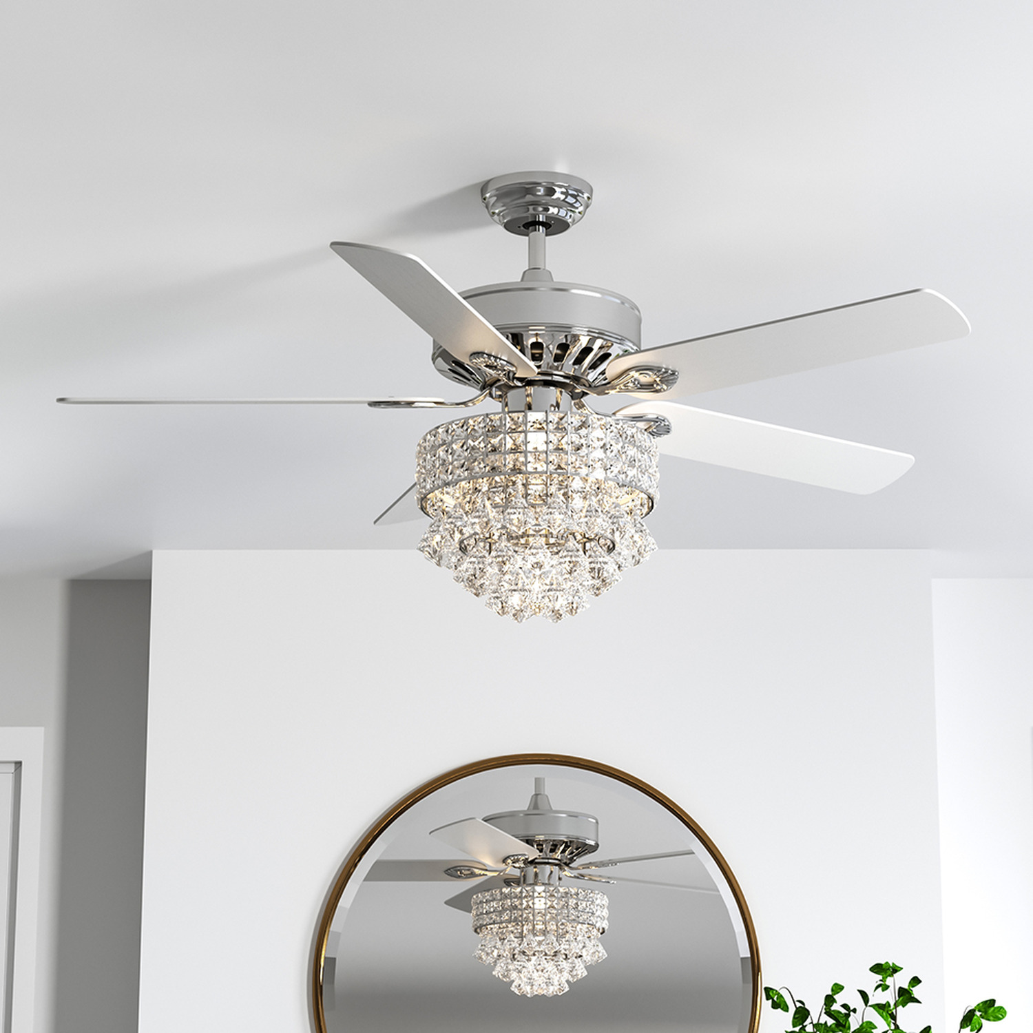 Livingandhome - Crystal Ceiling Fan with 3-Light Modes Remote Control - Silver / Diamond thumbnail