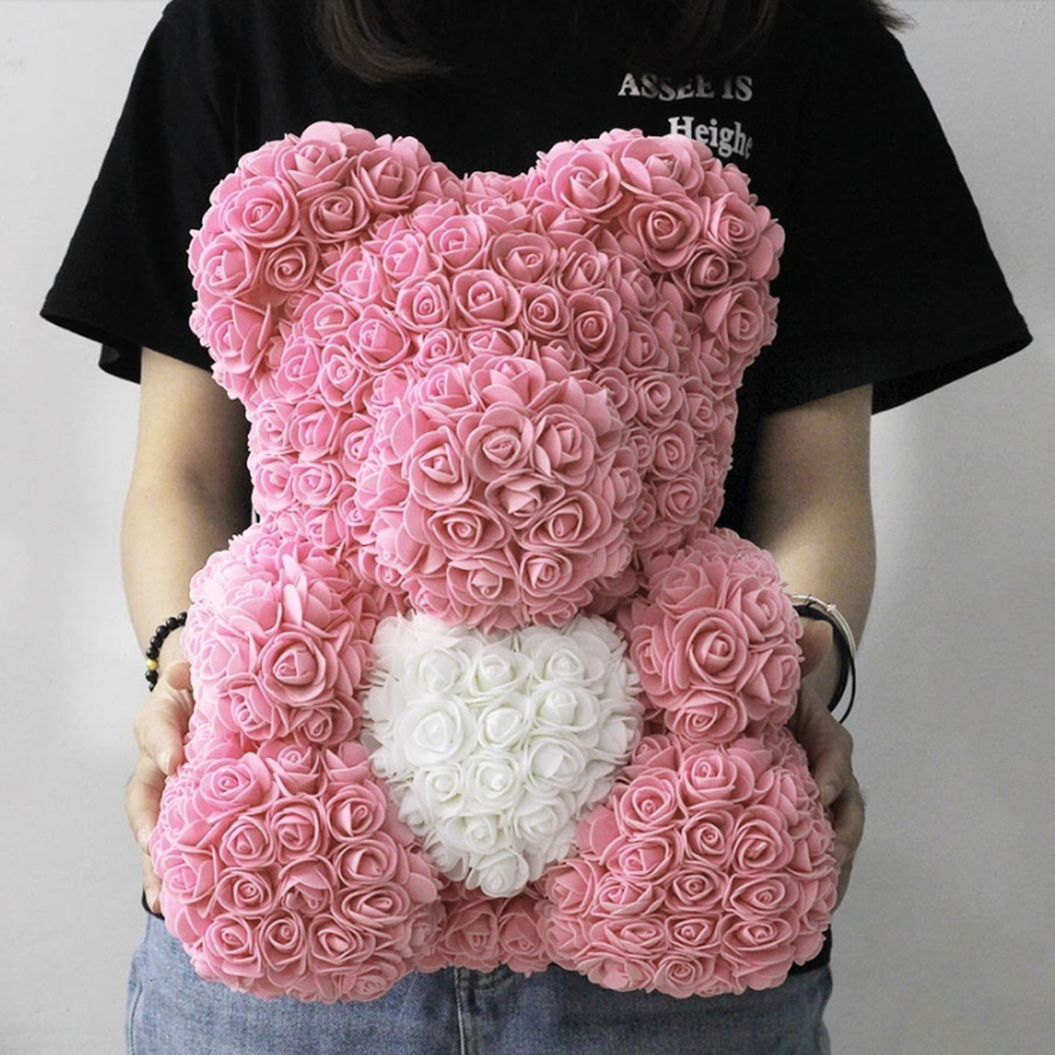 Image of Artificial Flower Teddy Bear Foamy Doll With Loving Heart Light String - Light pink