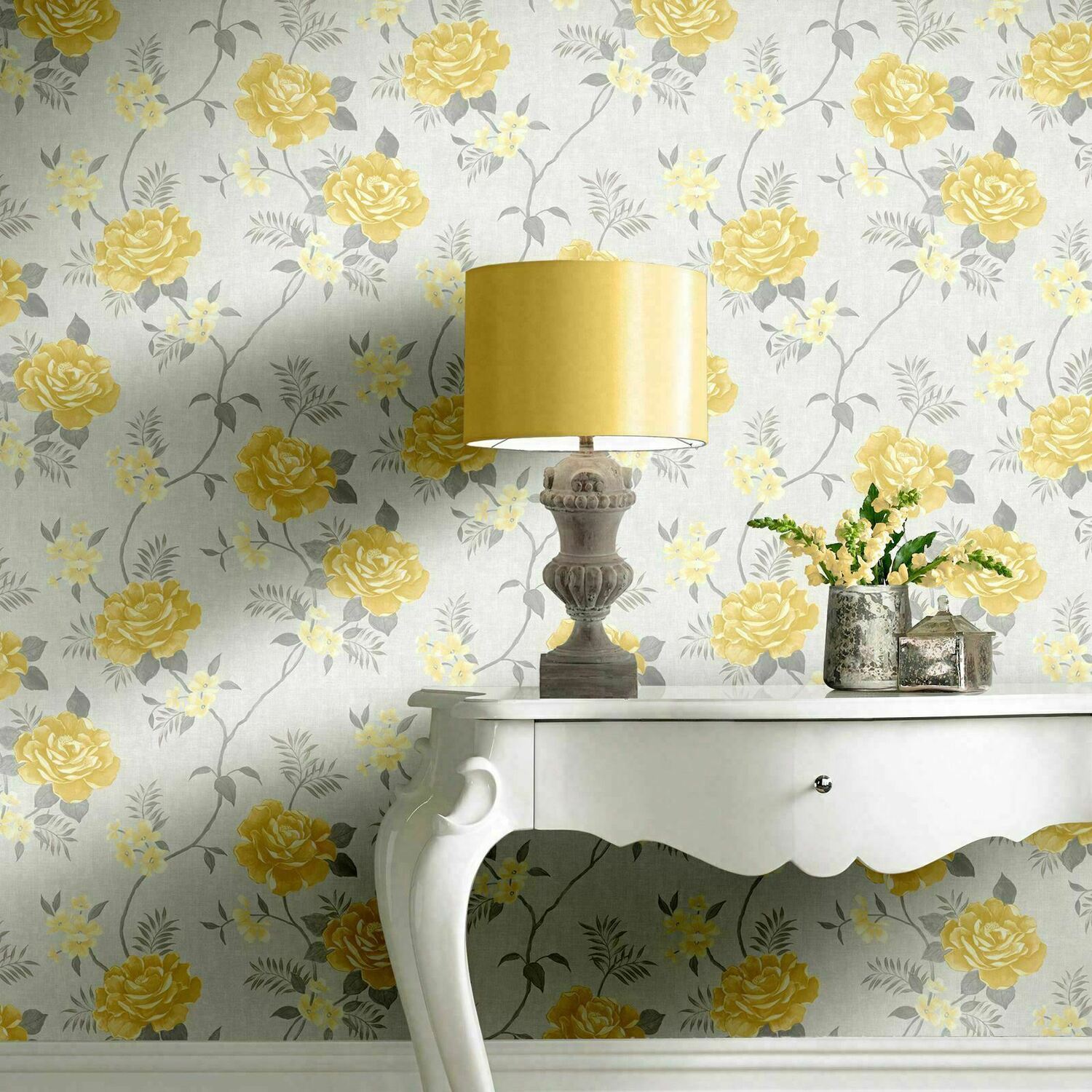 Muriva Designer Darcy James Floral Trail Rosalind Ochre Grey Flowers ...