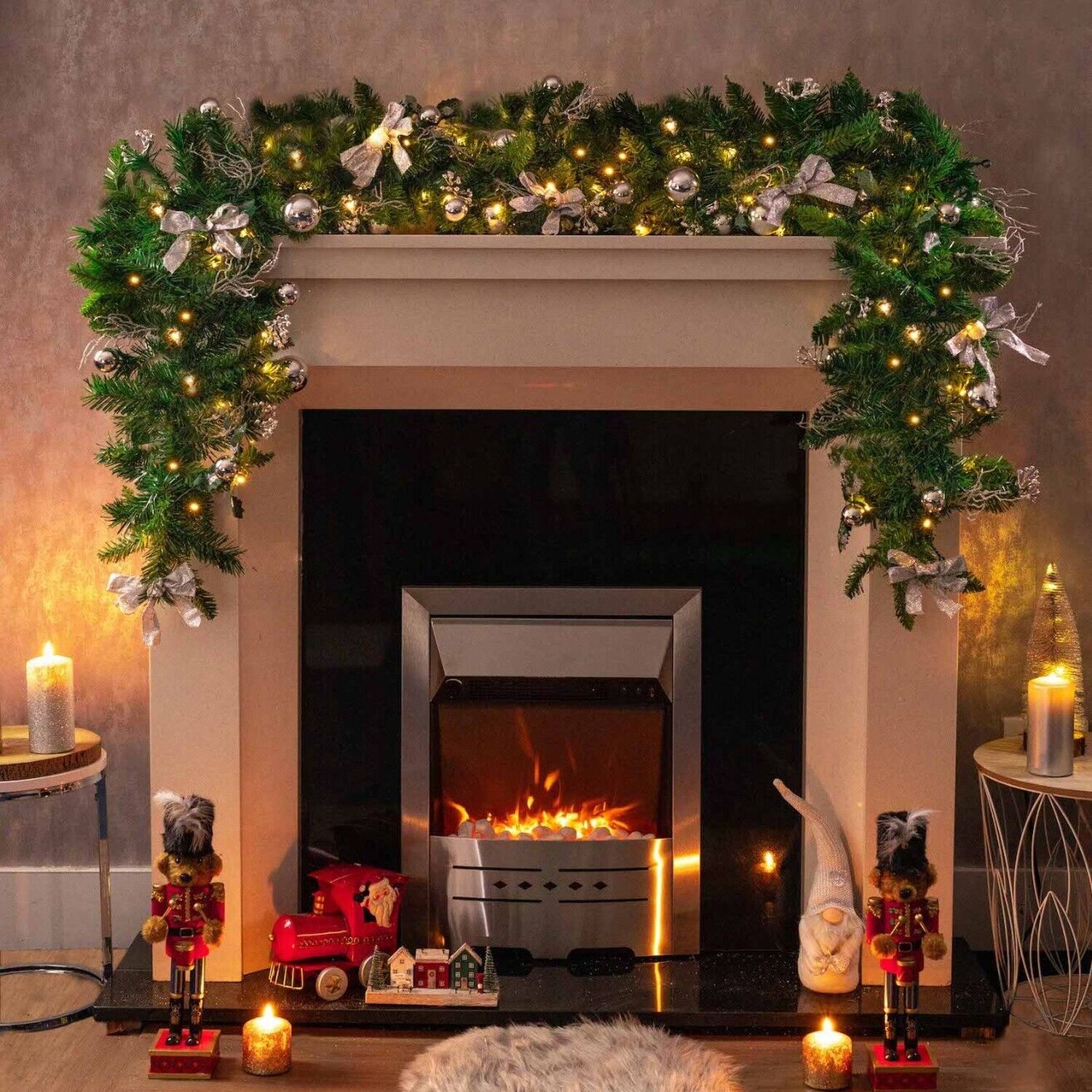 6ft Pre-Lit Artificial Garland with Silver Decorations - Green