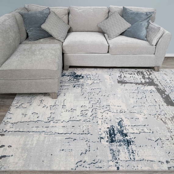 Silver Blue Modern Distressed Abstract Area Rug