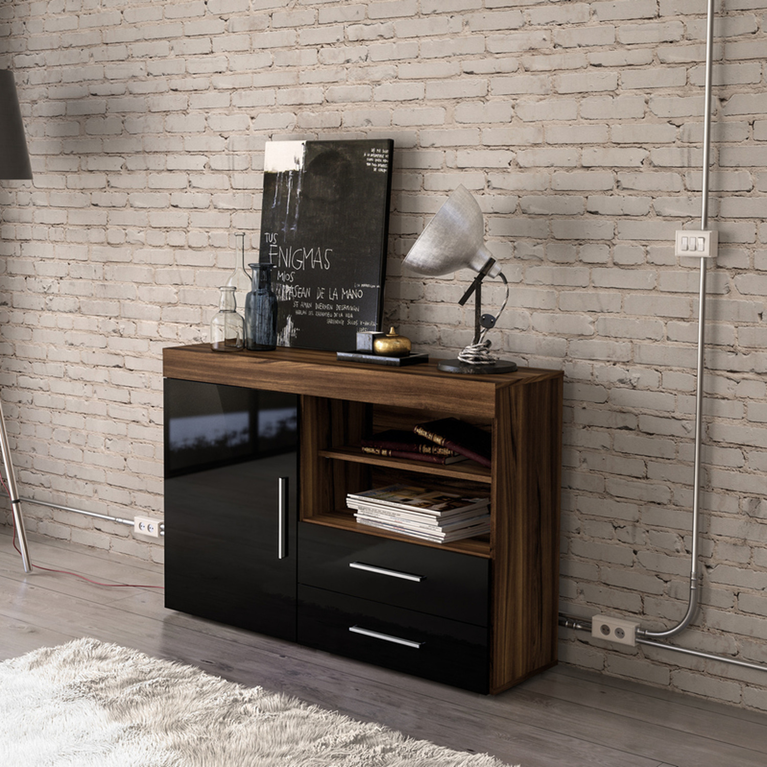 Birlea - Edgeware 1 Door 2 Drawer Sideboard - Walnut and black thumbnail