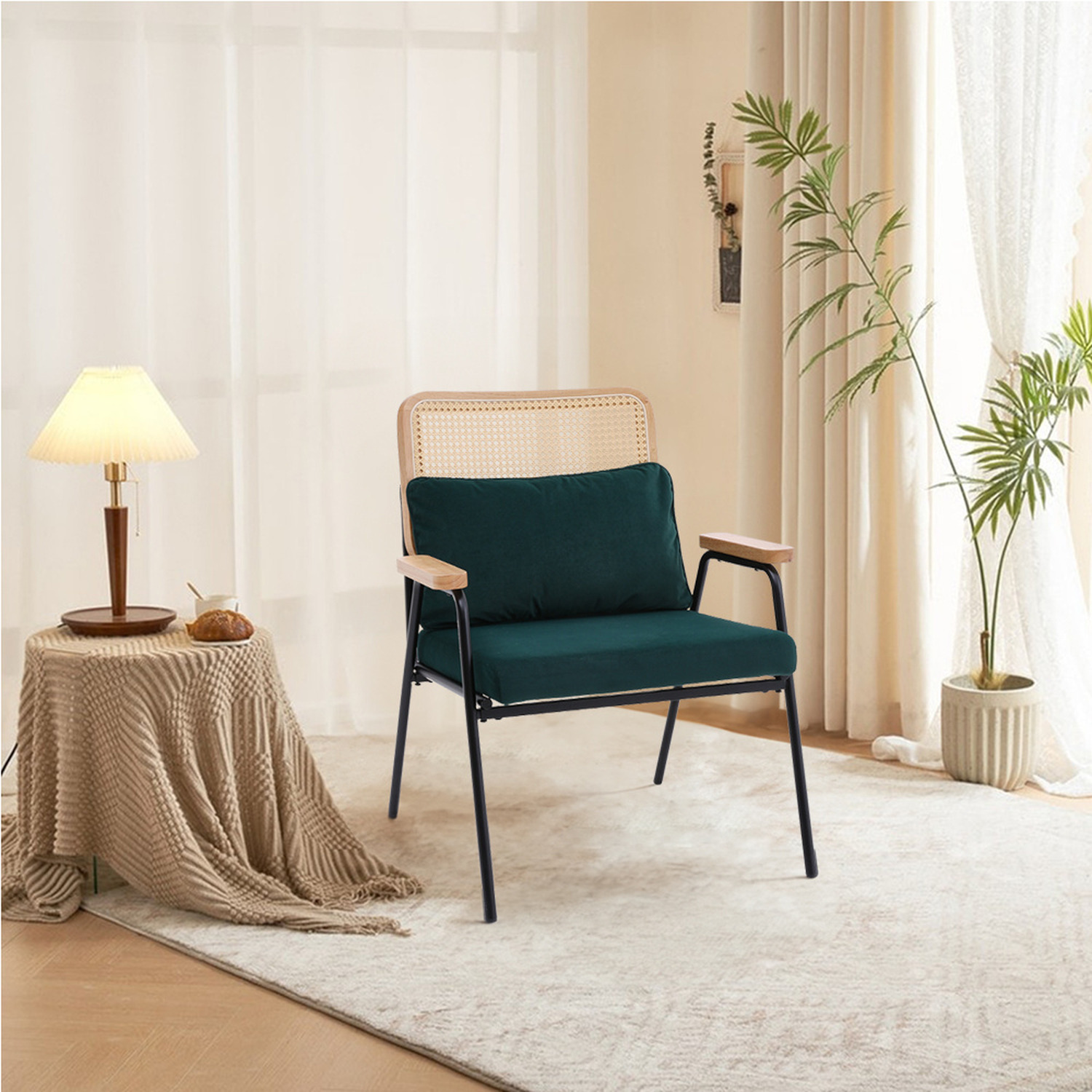 Frosted Velvet Armchair Ratten Back Living Room Bedroom - Dark Green