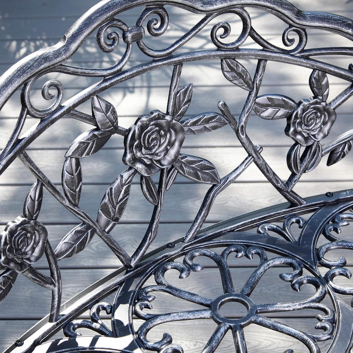 Home Source Rose Detail Metal Outdoor Garden Bench - Grey
