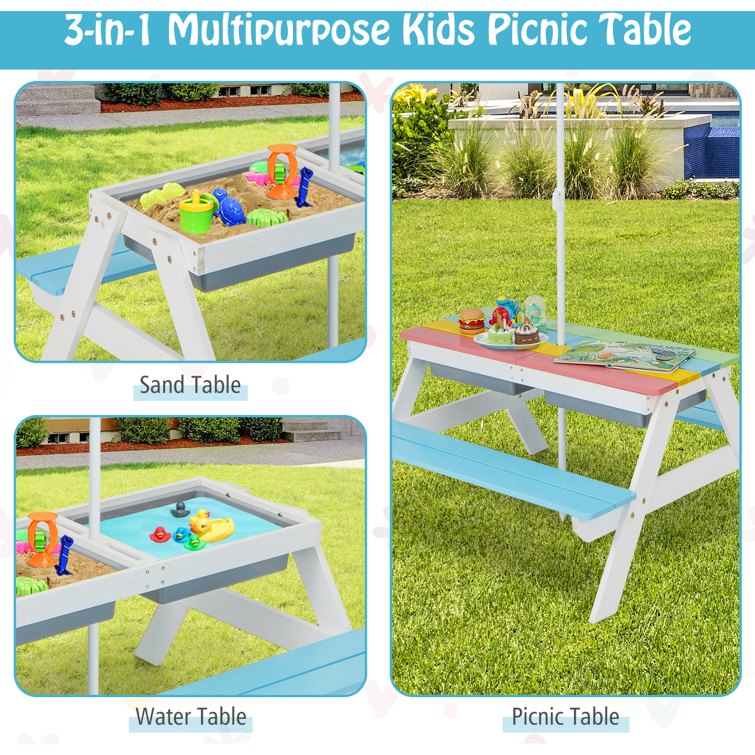 3-in-1 Kids Picnic Table Bench Set - Blue