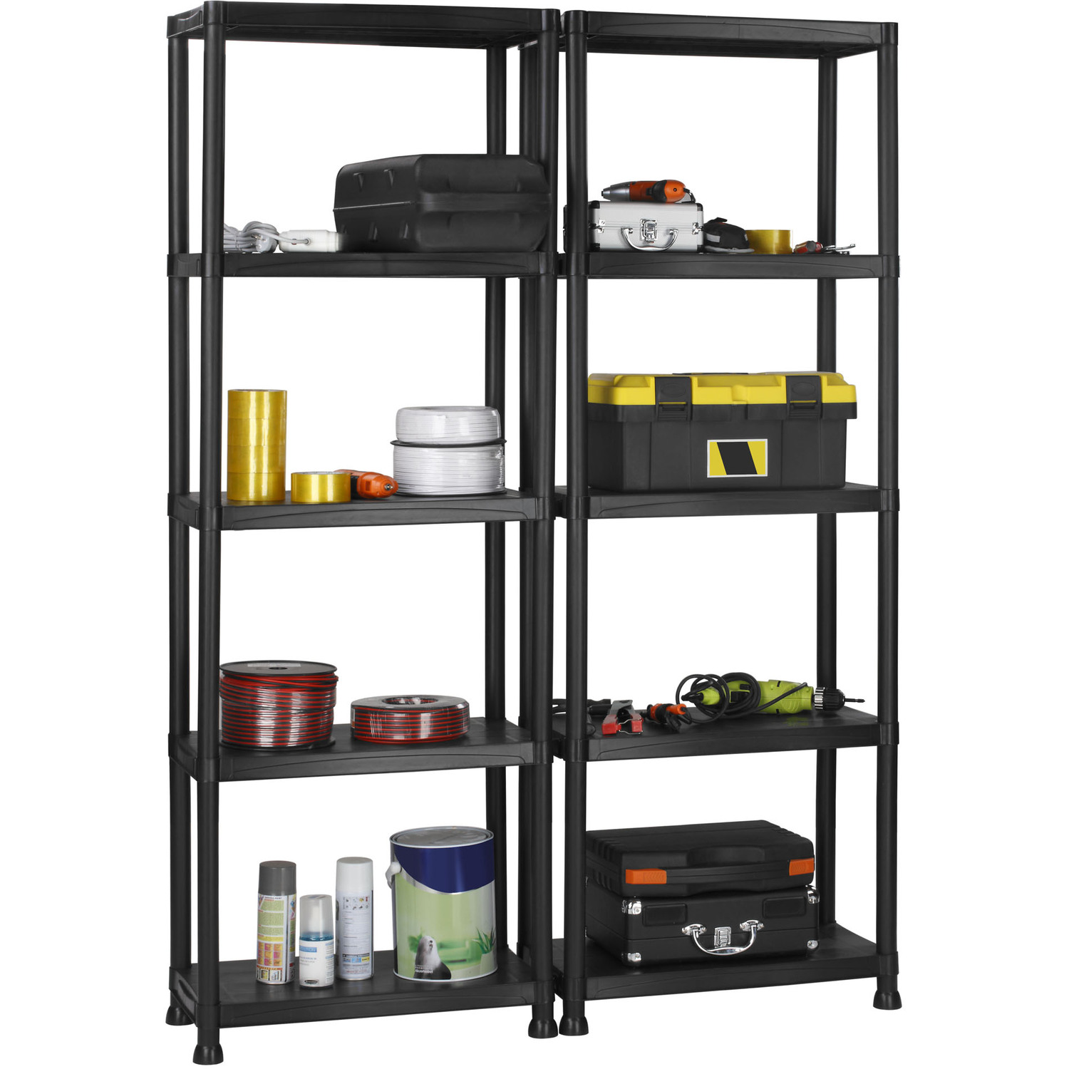 Heavy Duty 5-Tier Plastic Storage Shelf Unit - 74"H X 36"W X 18"D - Black