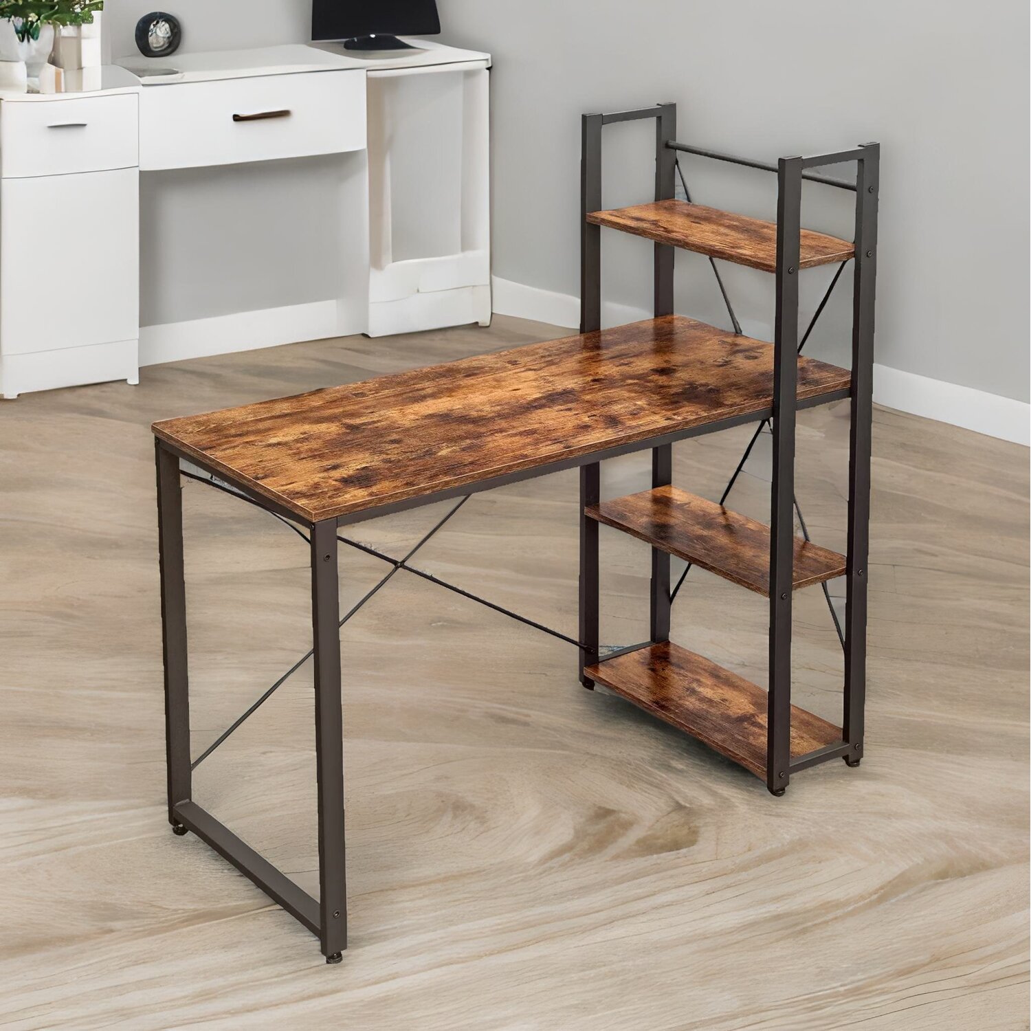 97cm Wide Computer Desk With 3 Shelves Rustic Brown - Brown
