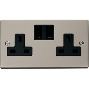 Pearl Nickel 2 Gang 13A Twin Double Switched Plug Socket