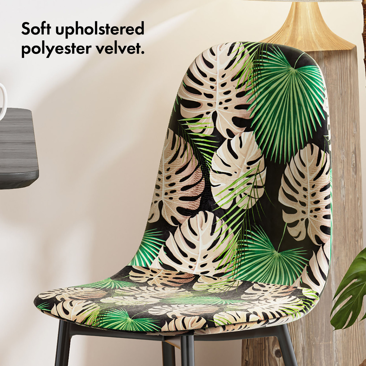 Velvet Dining Chairs With Palm Print - Black Green 6