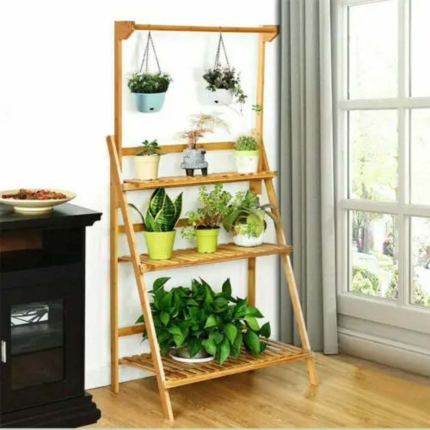 3 Tier Folding Bamboo Hanging Plant Stand - Natural