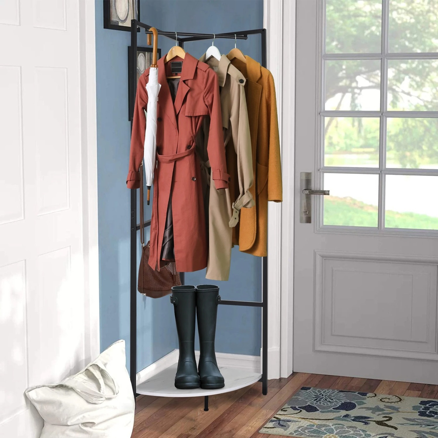 Free Standing Corner Clothes Rack With Bottom Shelf